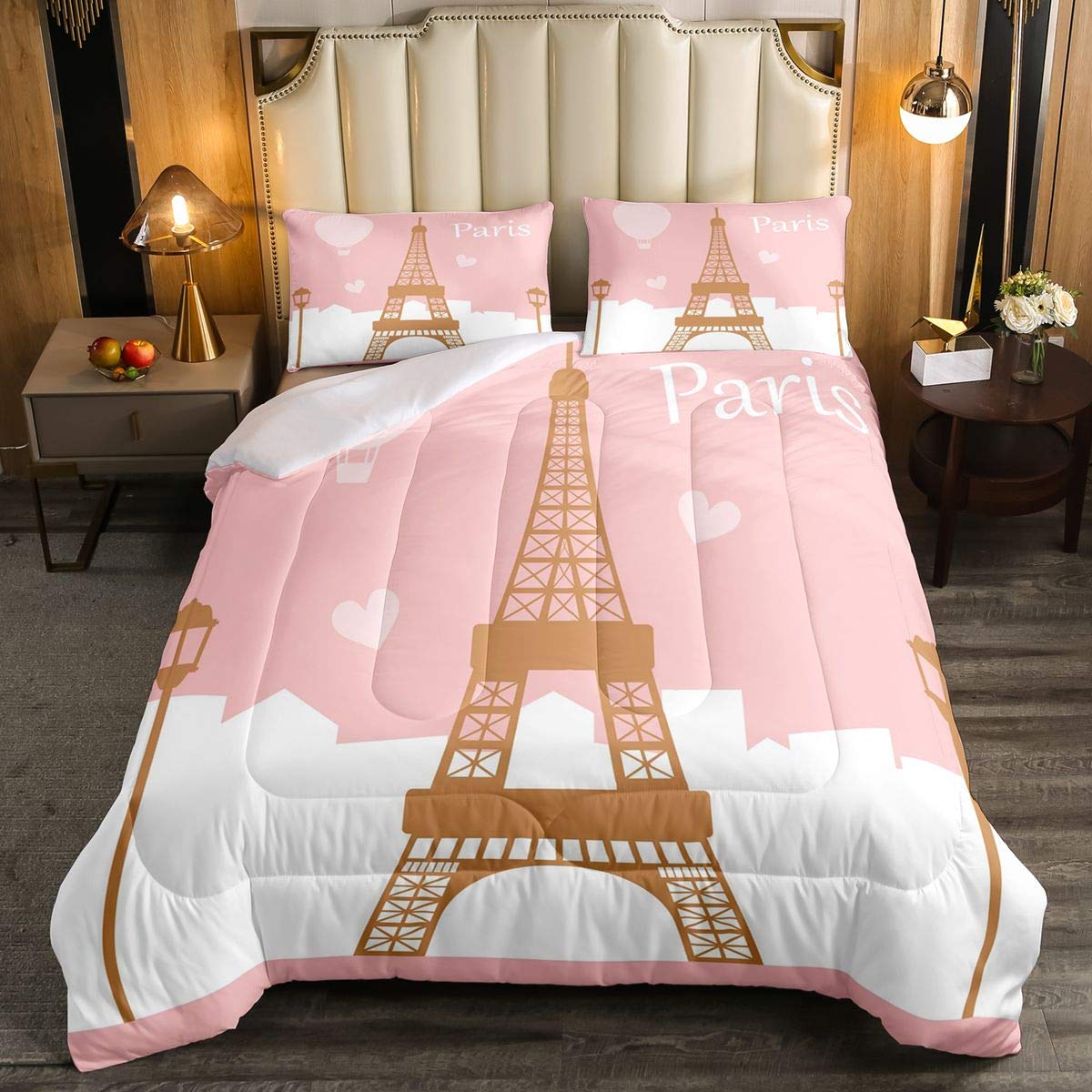 Feelyou Cartoon Eiffel Tower Comforter Set - Paris Themed Twin Size Pink Bedding for Kids, Boys, Girls, Teens | Chic Bedroom Decor & Duvet Cover | Perfect for Nursery, Dorm Room or Gift