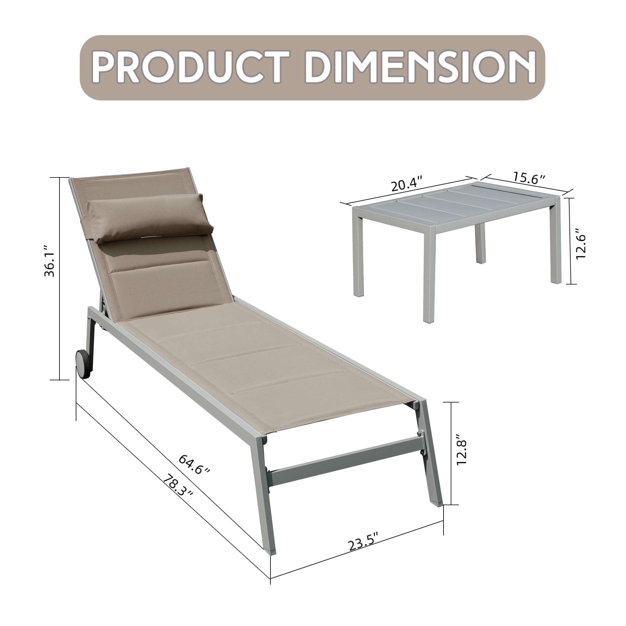 Domi Patio 3-Piece Chaise Lounge Set with Adjustable Recliner, Textilene Padded Aluminum Pool Lounge Chairs & Side Table - All-Weather Outdoor Furniture for Backyard, Deck, Poolside, Beach, and Garden Use