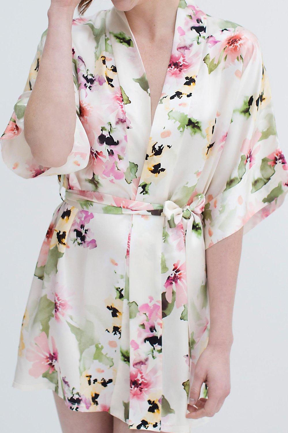 Samantha Silk Kimono Robe - Watercolor Floral Print Women's Lightweight Bathrobe for Spa, Beach Cover Up & Loungewear