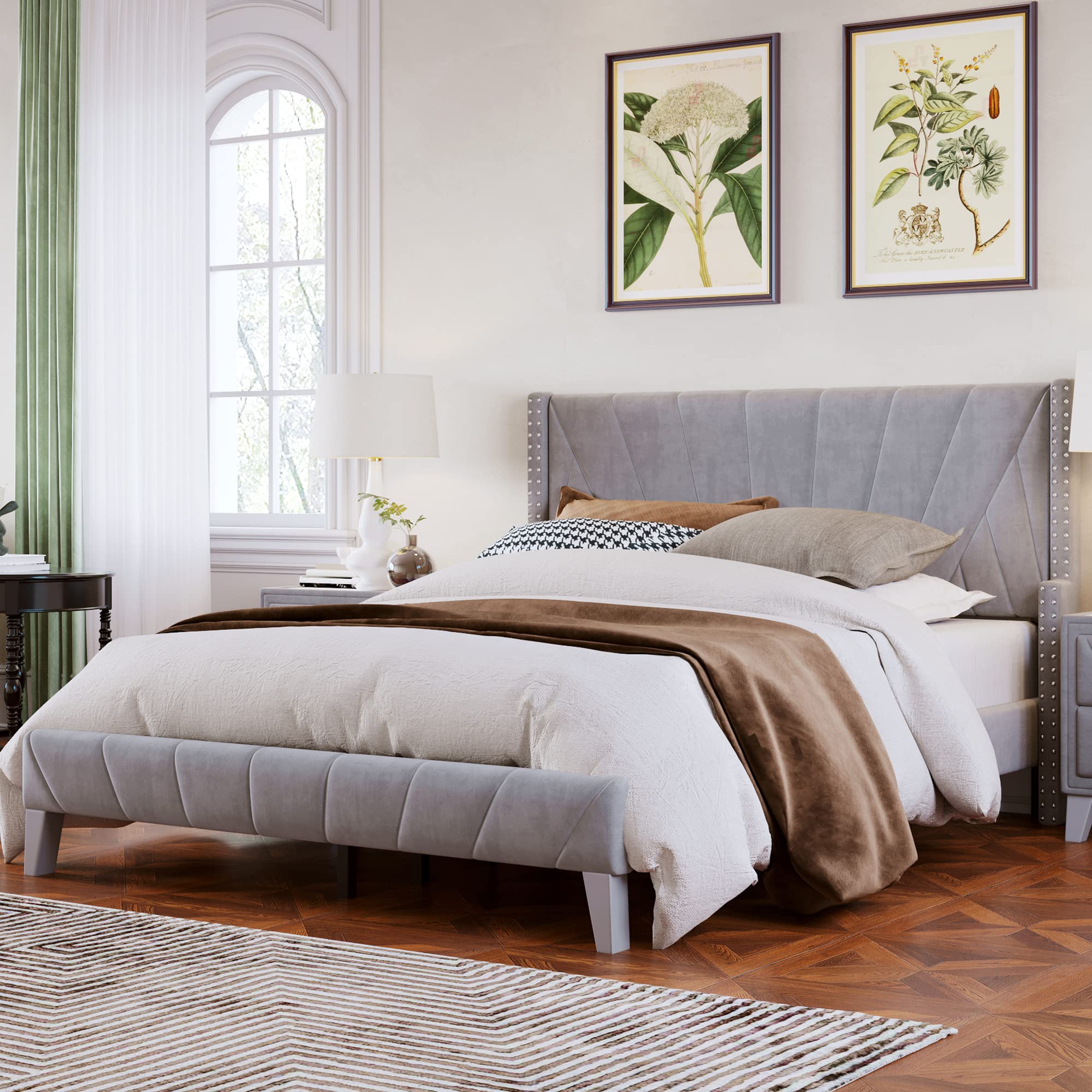 ZJIAH Queen Size Velvet Upholstered Platform Bed Frame with Headboard & Wooden Slats - No Box Spring Needed - Gray - Modern Bedroom Furniture for Master Bedroom, Guest Room & Apartment