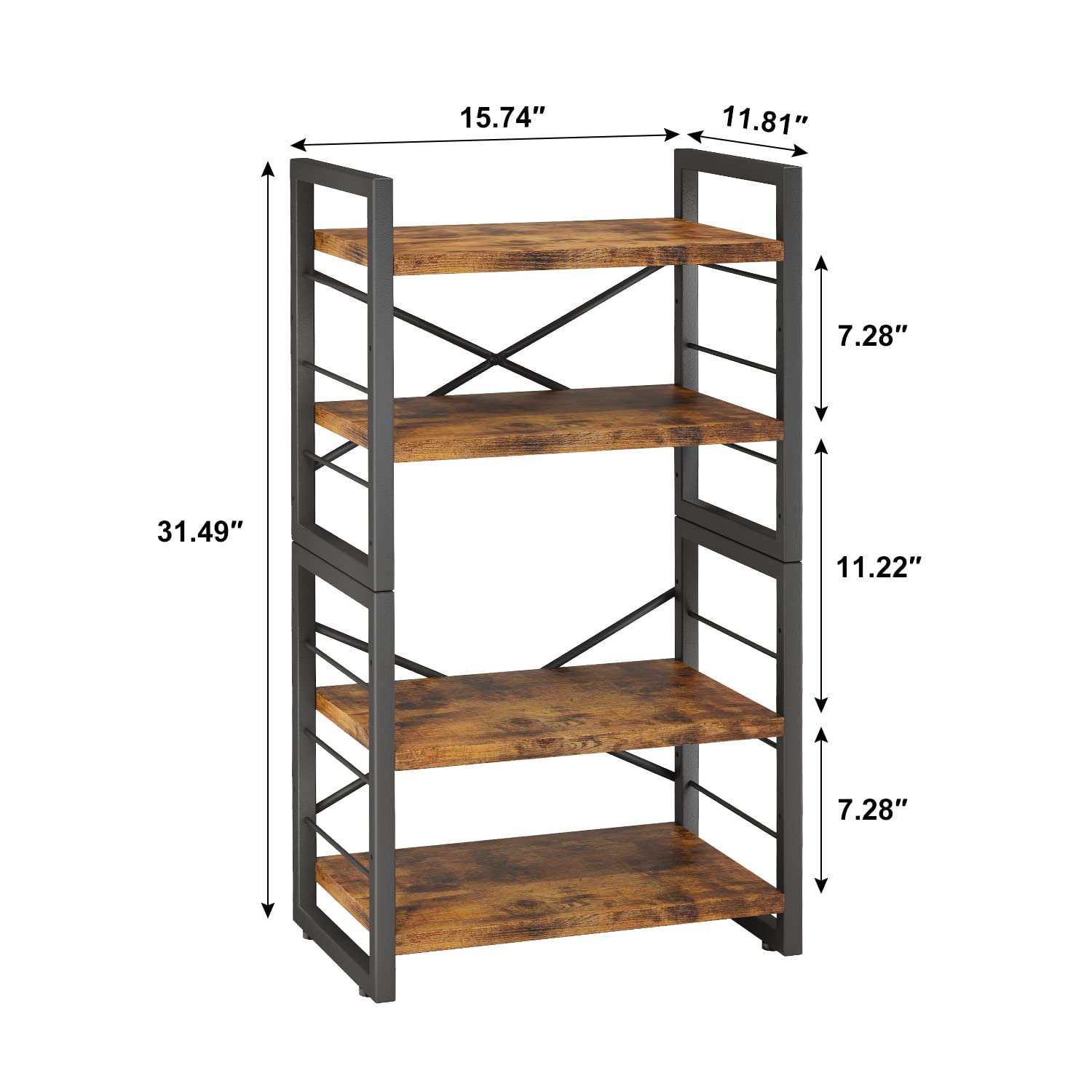 Industrial Rustic Bookshelf - 4 Tier Stackable Desk Hutch & Storage Organizer for Home Office, Dorm, Living Room & Bedroom (Adjustable, Rustic Black/Brown) - Perfect for Organizing Books, Decor & Office Supplies