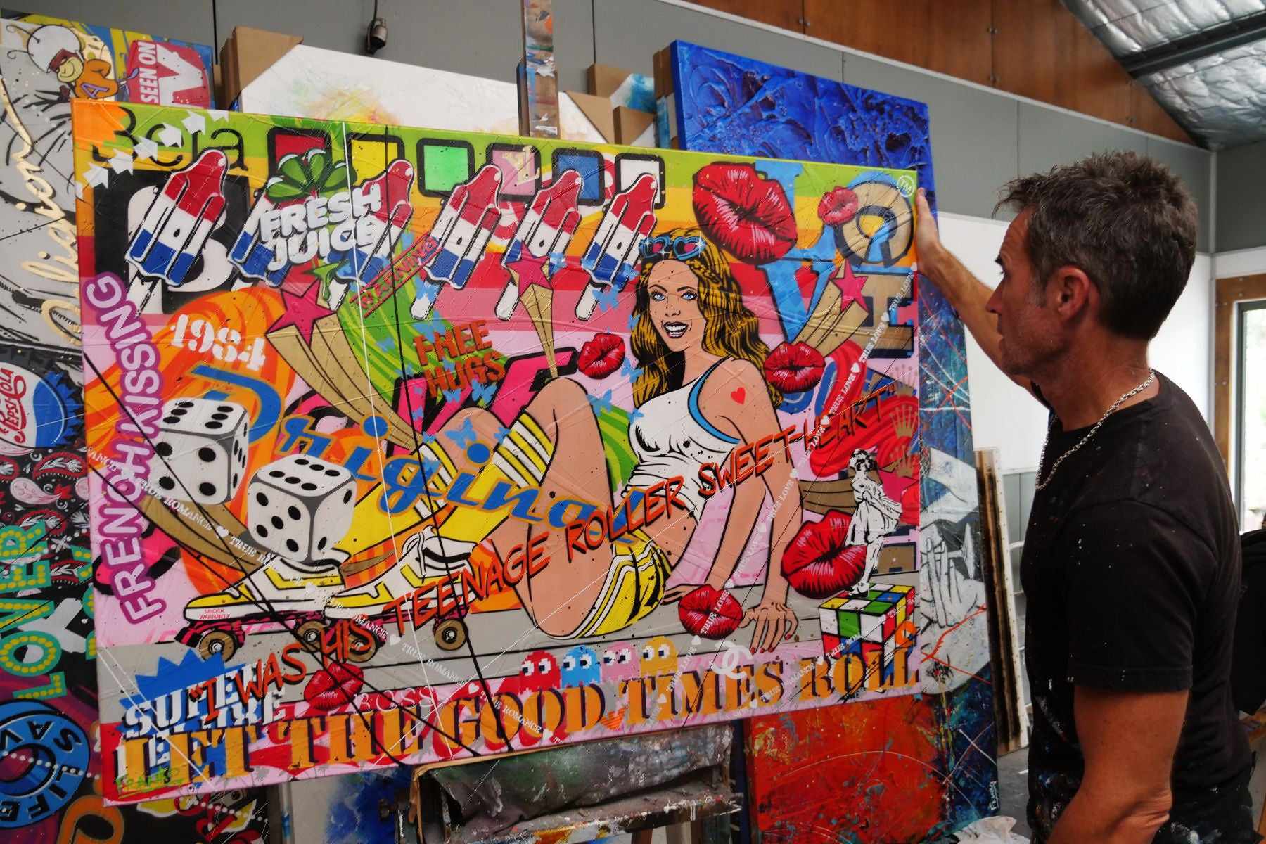 Vibrant Roller Skate Girl Textured Urban Pop Art Painting - 140cm x 100cm Wall Decor for Living Room, Bedroom & Skate Shop