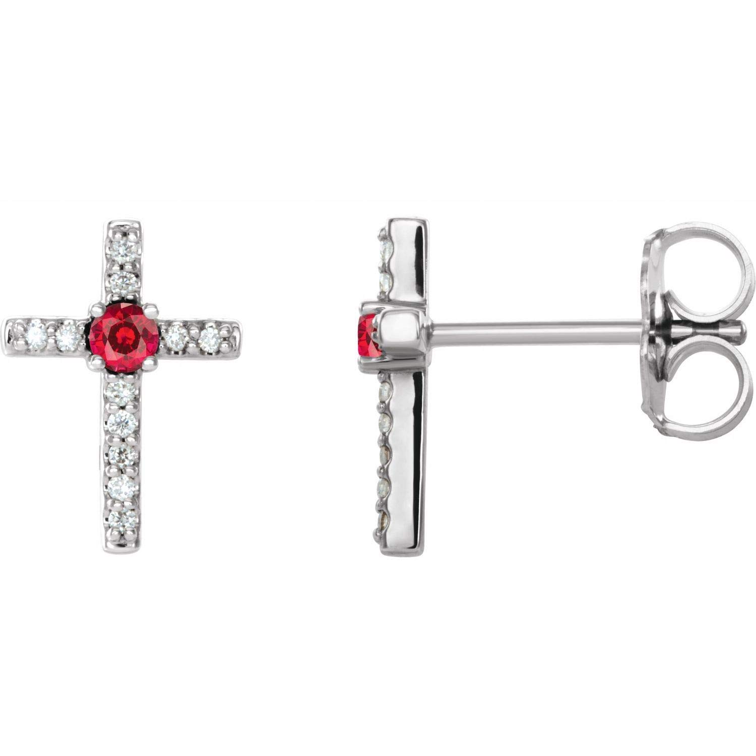 14K White Gold Ruby & 0.06 CTW Diamond Cross Stud Earrings for Women - Elegant Religious Jewelry Gift for Christmas, Baptism & Everyday Wear