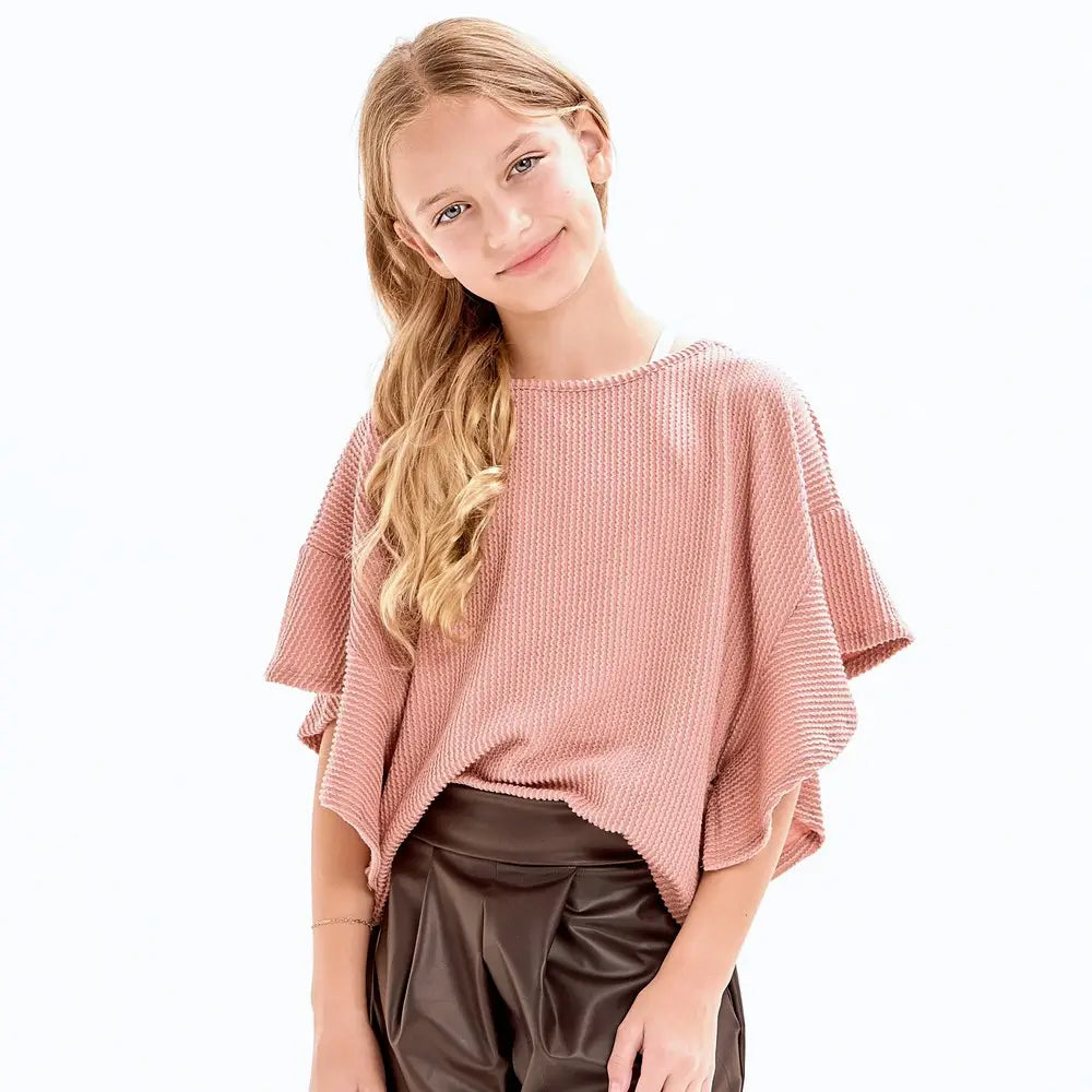 Elegant Embossed Ruffle Sleeve Pullover Sweater in Mauve Pink | Women's Casual Knit Top for Fall & Winter | Perfect for Office, Date Night & Holiday Outfits