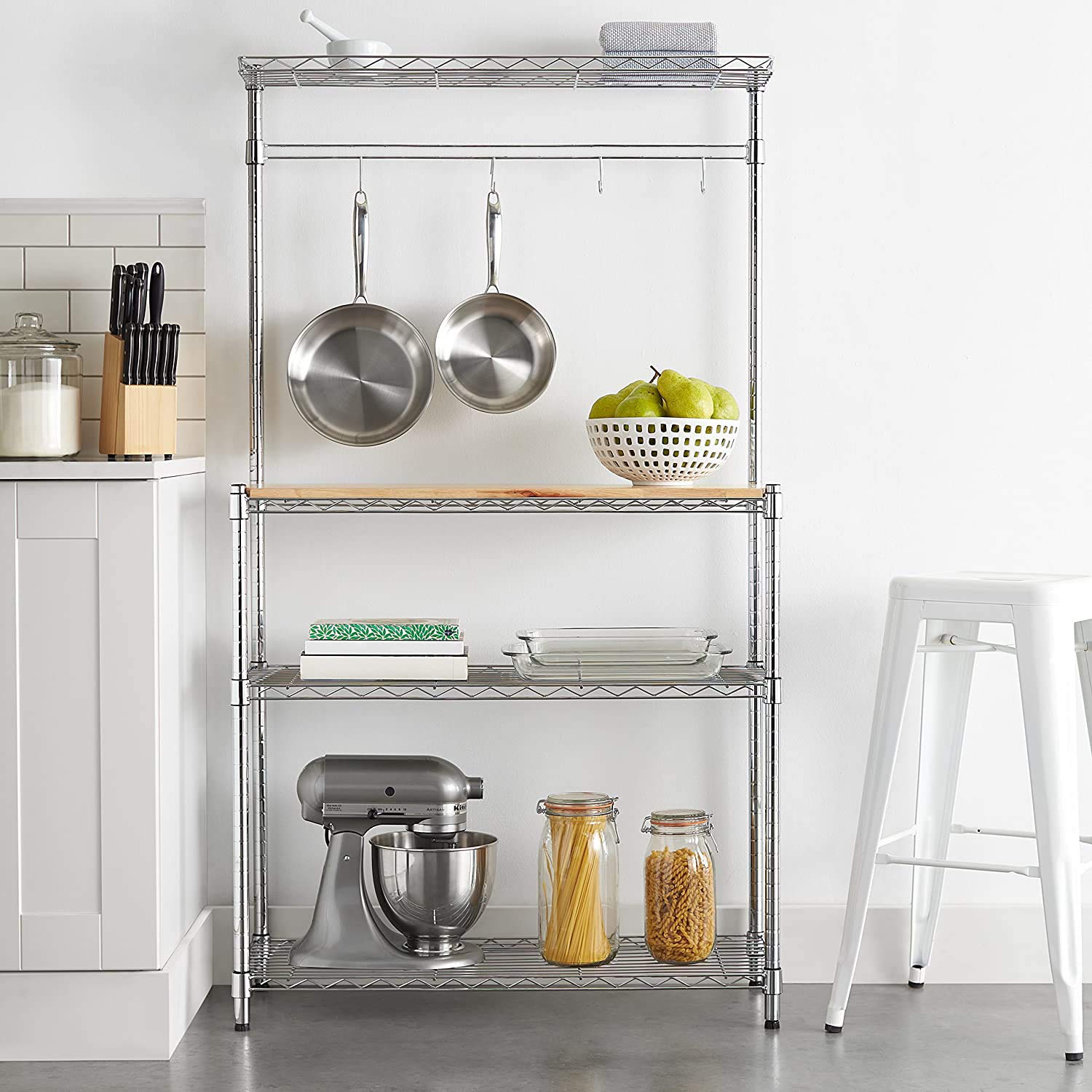 Stainless Steel Kitchen Bakers Rack with Microwave Stand & Spice Organizer - Utility Storage Shelf with Hooks, MDF Table & Wheels for Small Space Kitchen Organization | Perfect for Baking, Cooking & Coffee Station Setup