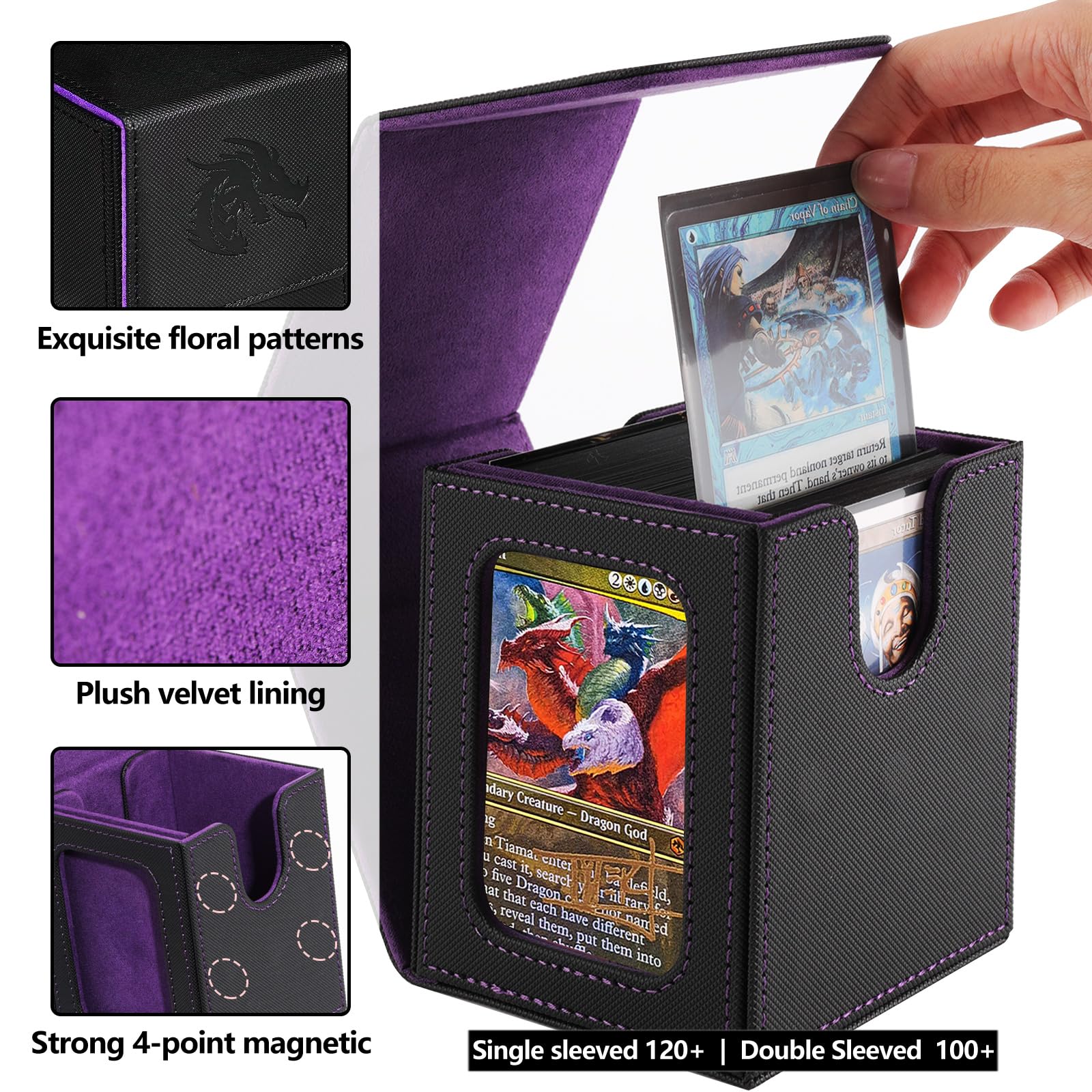 MTG Commander Deck Box - Holds 100 Double Sleeved Cards with 2 Dividers, Drawstring Bag & Toploader | Magic The Gathering Card Storage Case (Black & Purple) | Perfect for TCG Tournaments, Game Nights & Collectible Display