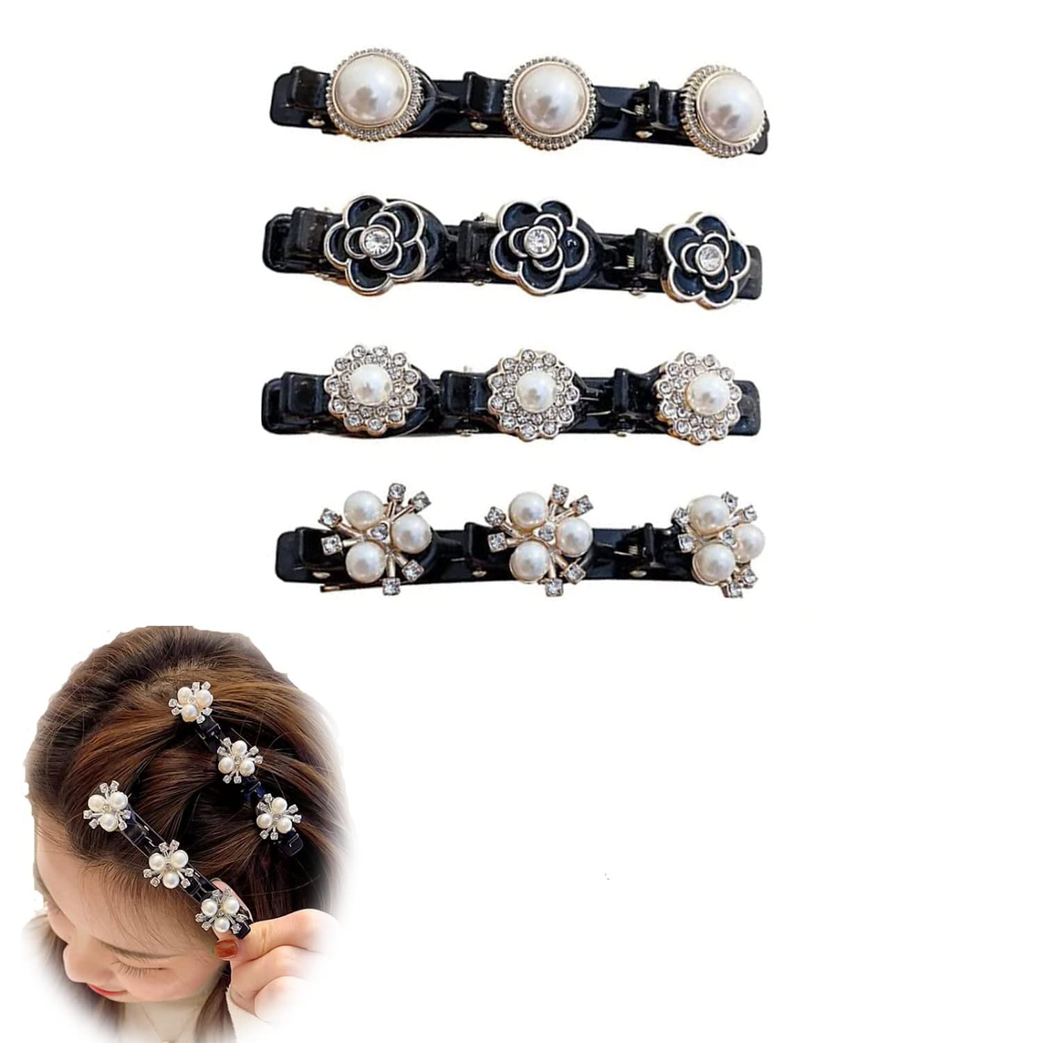 Elegant Satin Hair Bands & Rhinestone Clover Hair Clips Set - No-Slip Grip Duckbill Jaw Clips for Women, Fashion Double Layer Mini Hairpins (Set-E) | Perfect for Weddings, Parties & Everyday Styling