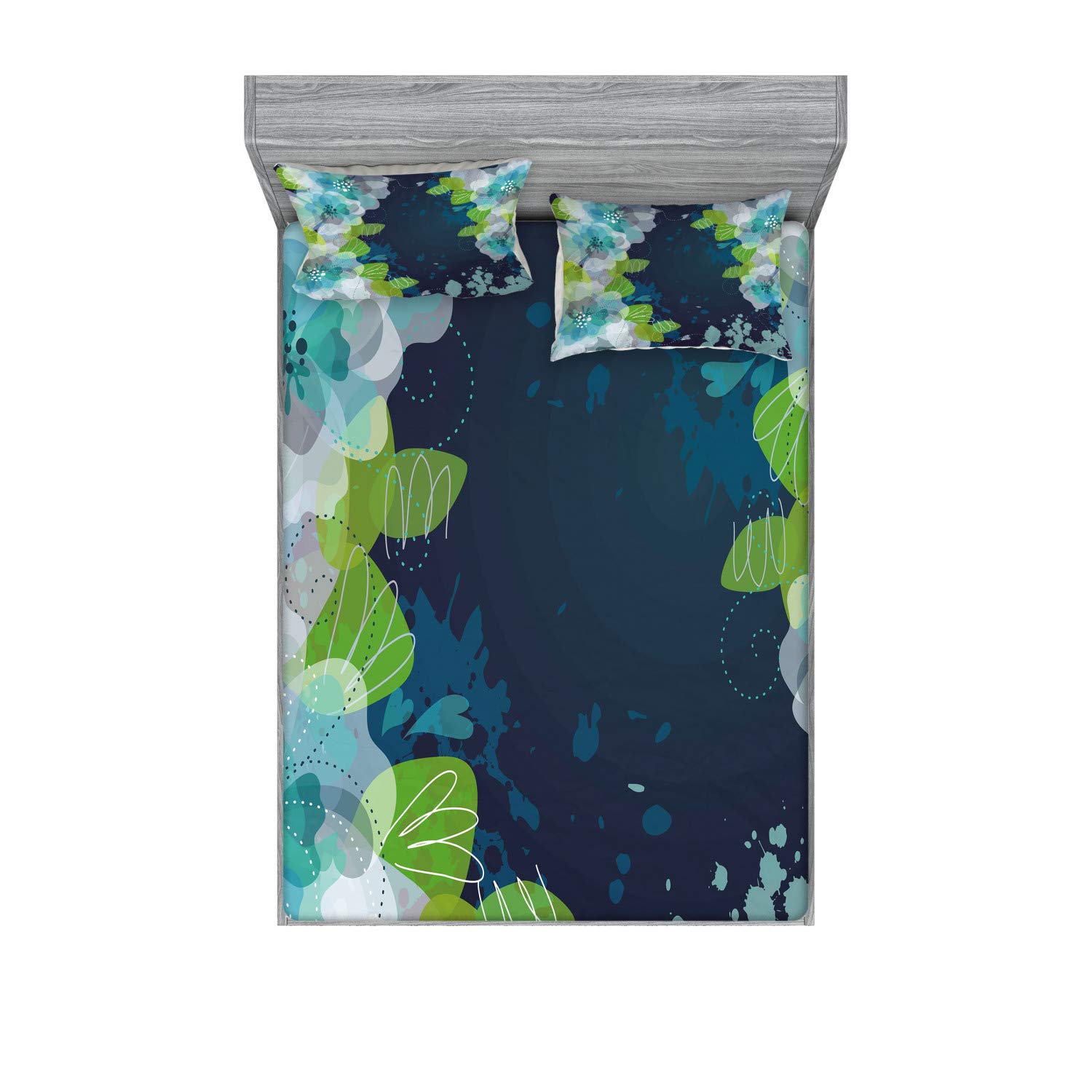Ambesonne Navy Blue King Size 3-Piece Bedding Set - Fitted Sheet & Pillow Sham with Abstract Floral Design on Grunge Background | Elegant Home Decor for Master Bedroom, Guest Room, or Dorm
