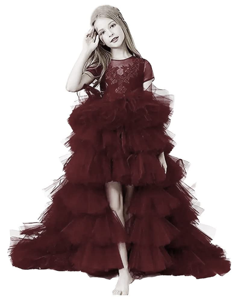 Honeydress Girls' Elegant High-Low Pageant Dress with Ruffles - Puffy Tulle Communion Gown for Kids in Burgundy (Size 11) | Perfect for Weddings, Baptisms & Special Occasions