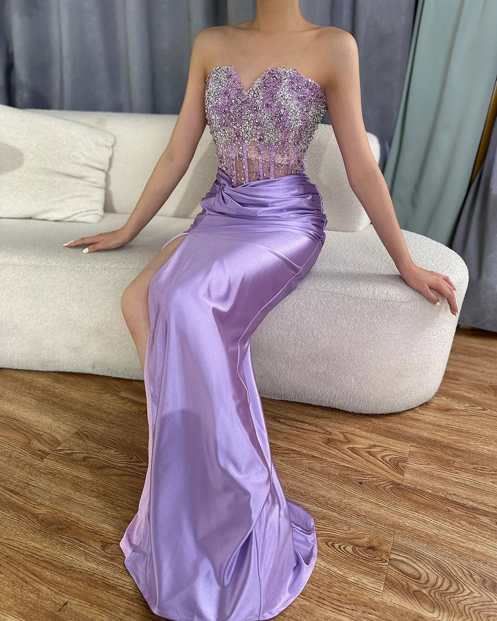 Luxury Dubai Lilac Split Mermaid Beaded Arabic Evening Dress for Women - Elegant Wedding & Party Gown 2025 | Perfect for Bridal Showers, Red Carpet Events & Formal Occasions