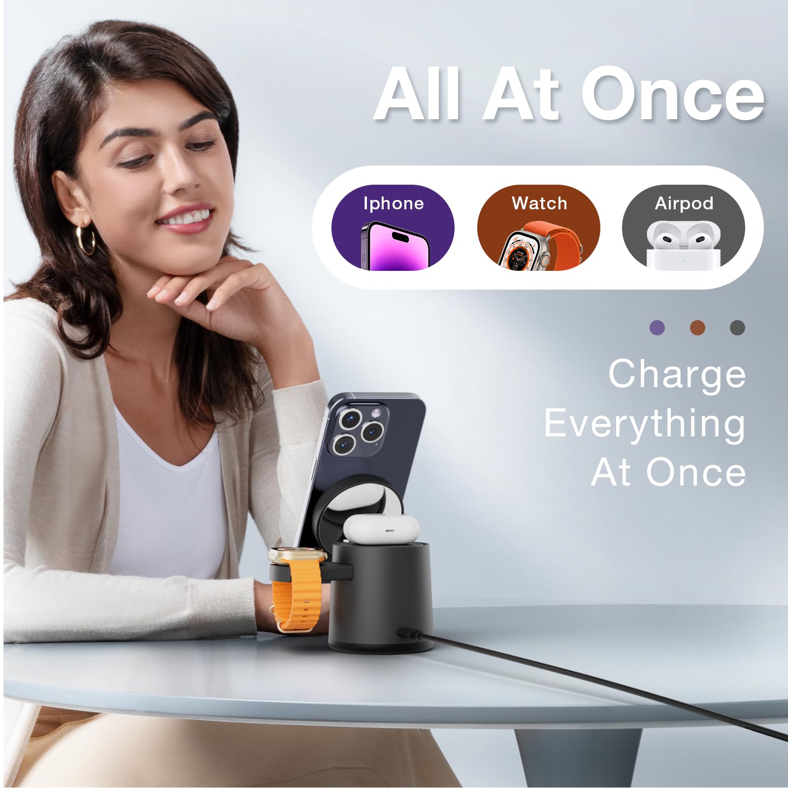 2025 Upgrade 3-in-1 Magnetic Wireless Charging Station - Fast Charging Dock for iPhone 16/15/14/13/12 Pro Max, Apple Watch & AirPods | Adjustable Portable Stand | Perfect for Home, Office & Travel (Gray)