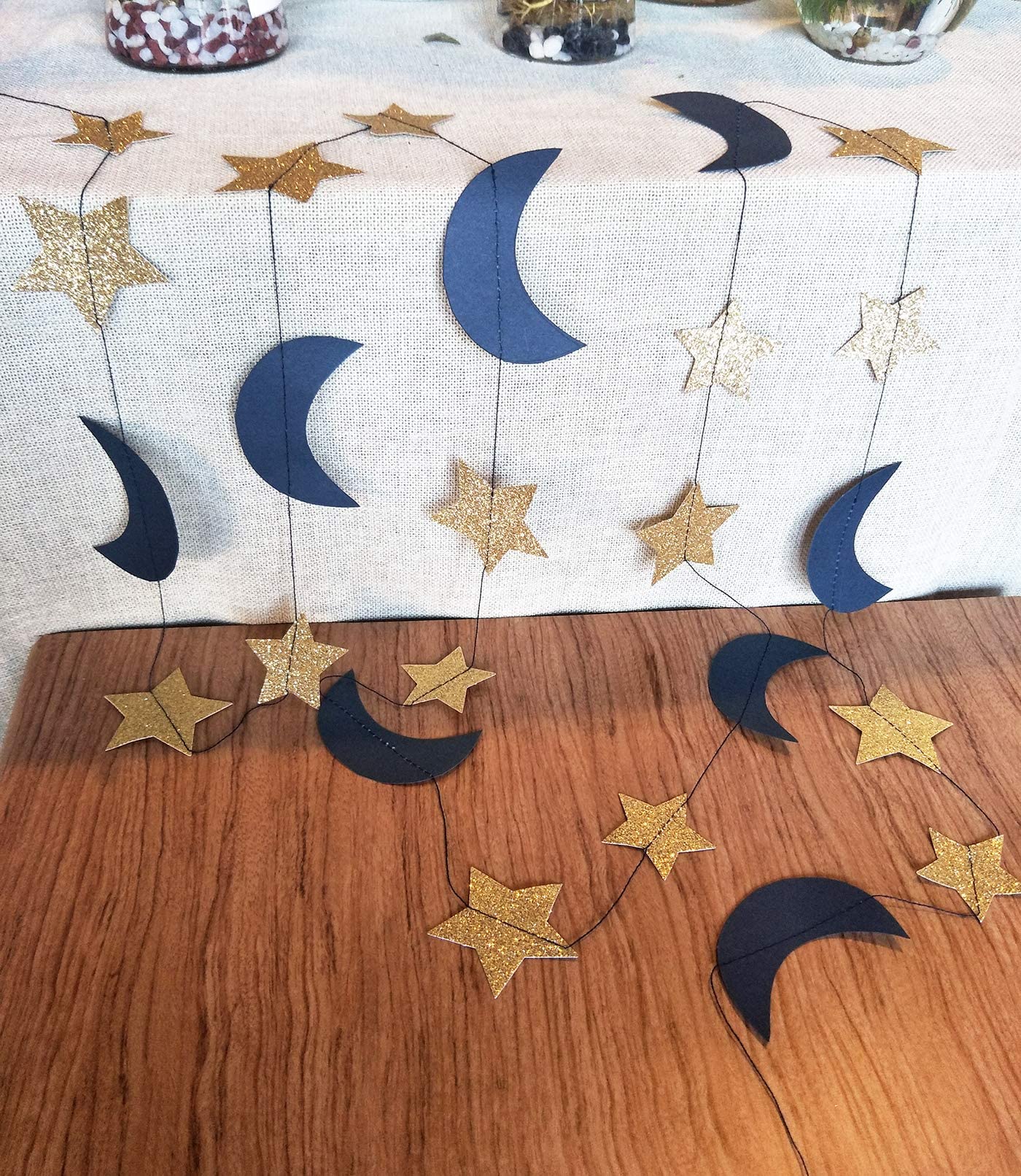 Moon and Star Garland Decorations - Navy Gold Glitter Outer Space Themed Party Decor for Weddings, Baby Showers & Birthdays | Perfect for Ceiling, Wall & Backdrop Decorations
