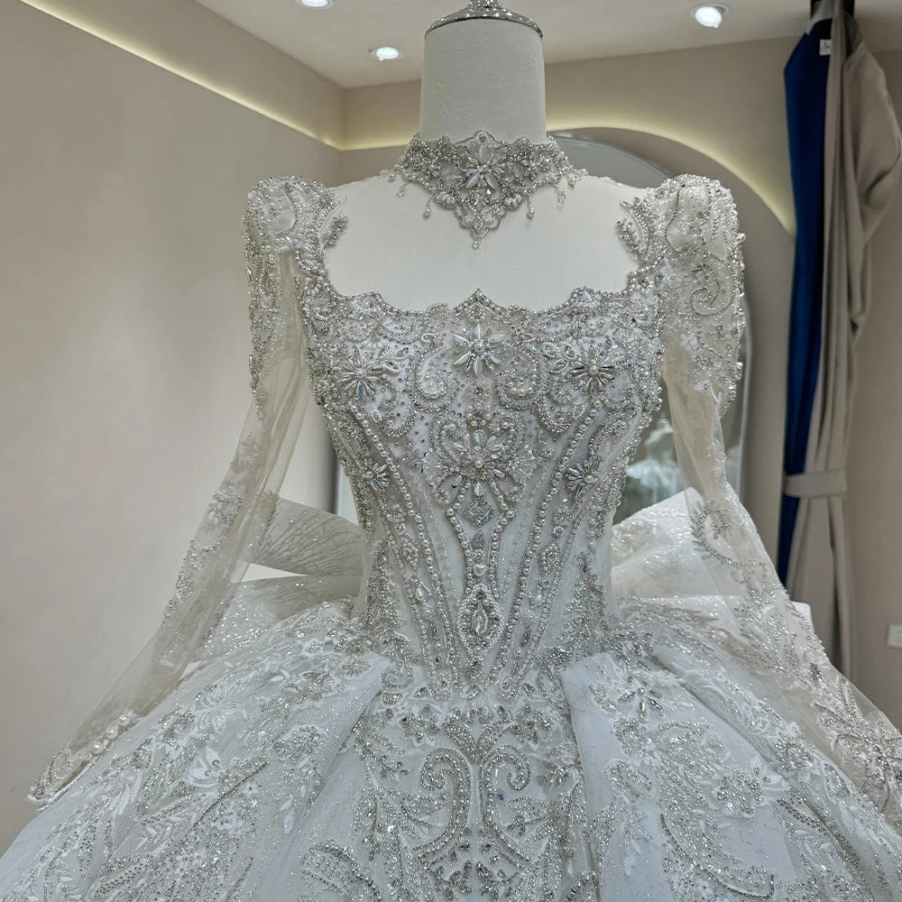 Elegant White Long Sleeve Wedding Dress with Court Train & Lace Up Back - Perfect for Bridal, Formal Events & Romantic Photos