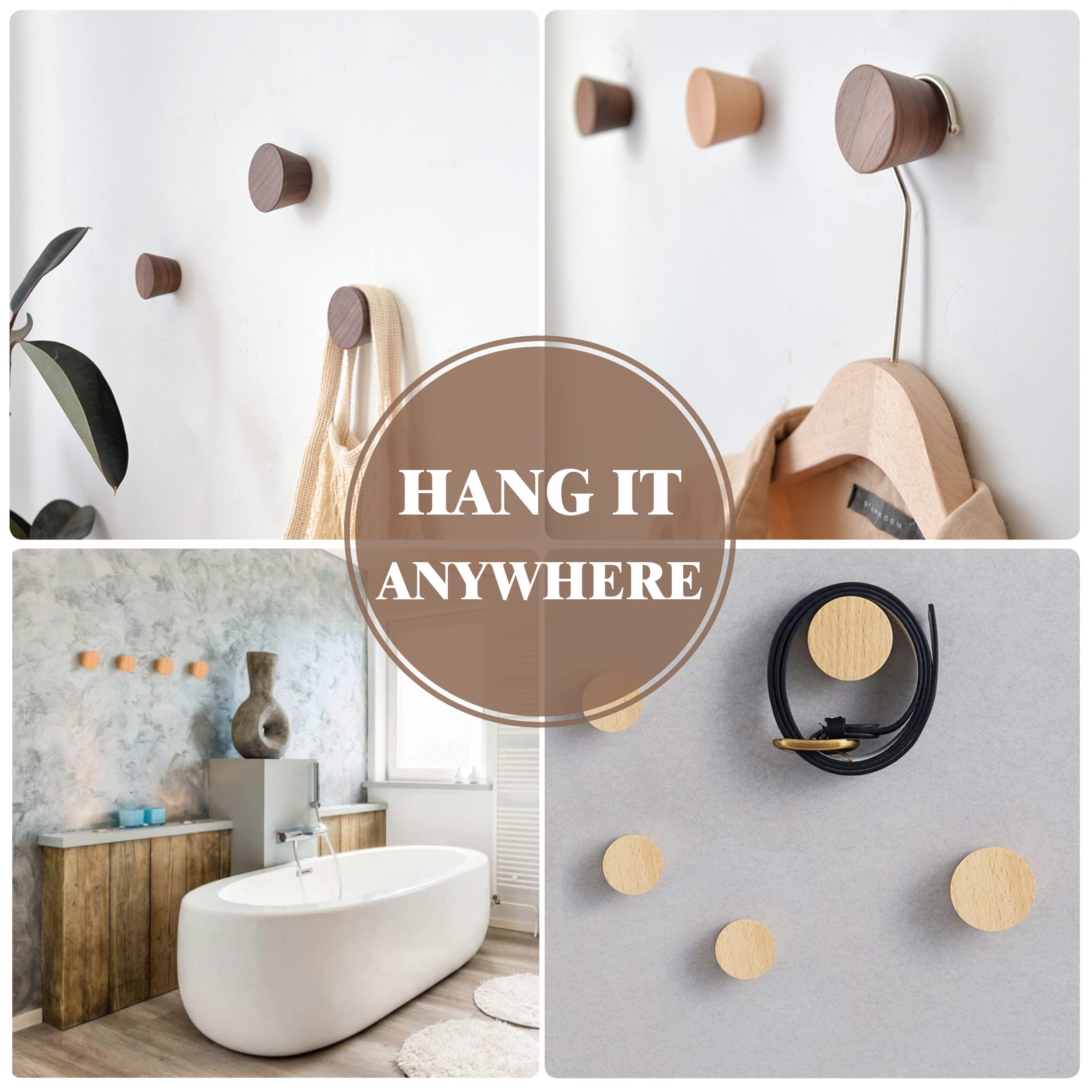 Natural Wooden Coat Hooks - 5 Pack Round Wall Mounted Hangers for Clothes, Scarves, Hats & Bags (2 Large + 3 Small) - Space Saving Entryway, Bedroom & Bathroom Organization & Decoration