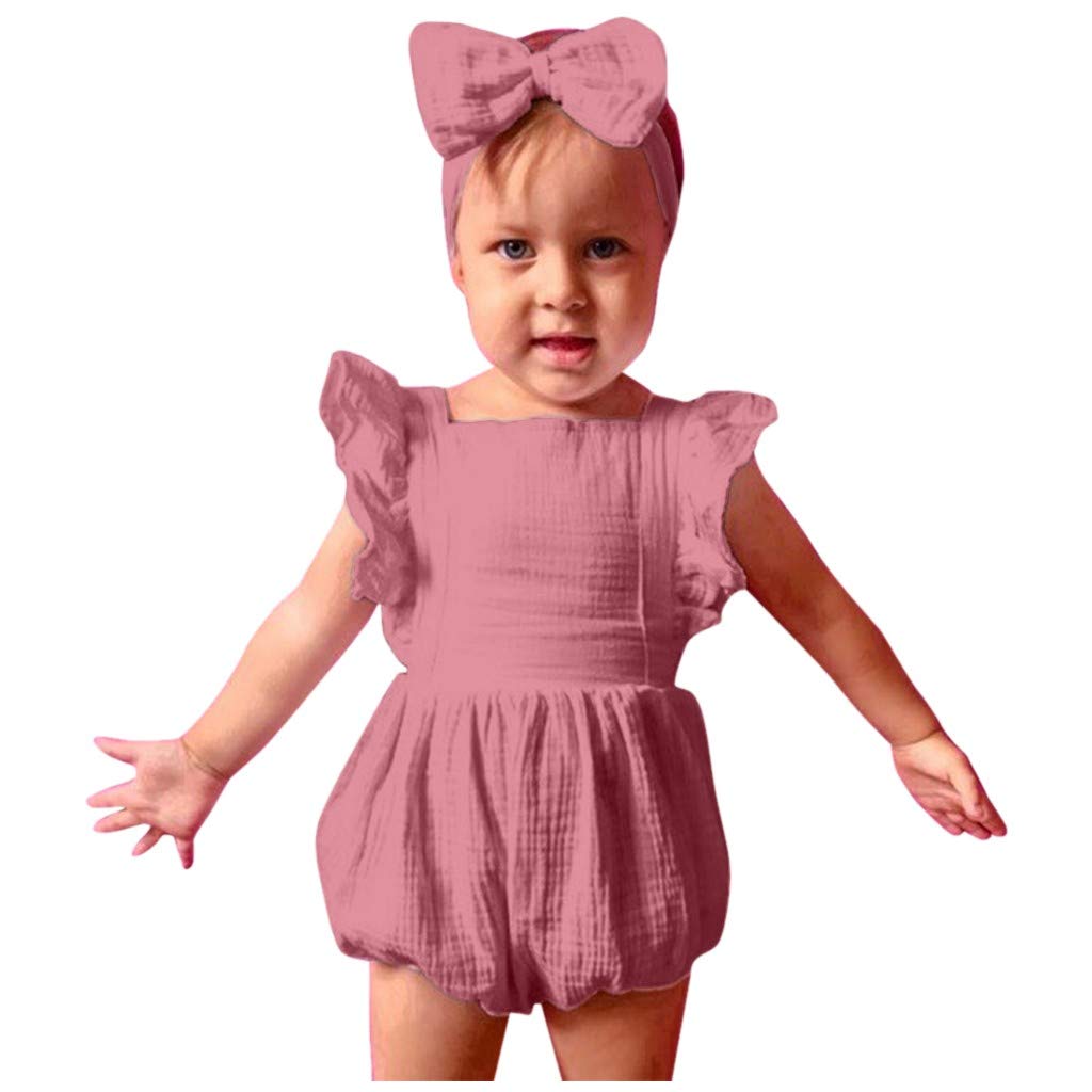 Newborn Baby Girls Fly Sleeve Gauze Ruffle Romper Jumpsuit & Headband Set - Soft Breathable Outfit for Photoshoots, Parties & Daily Wear