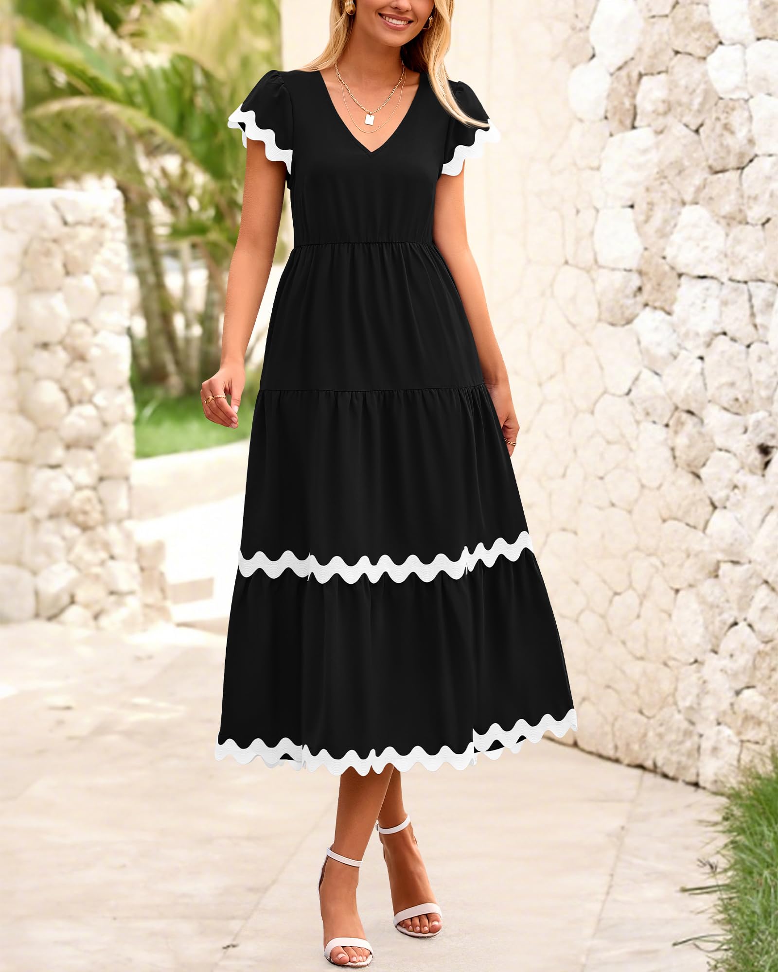 BTFBM Women's Flowy V-Neck Cap Sleeve Midi Dress with Pockets - Summer Beach Vacation Dress 2025 - Perfect for Casual Outings, Beach Getaways and Summer Parties