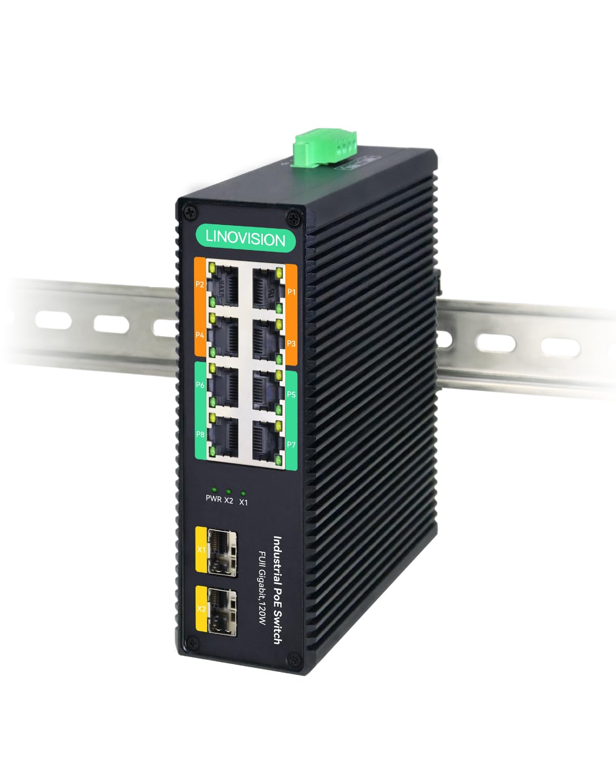 LINOVISION Industrial 8-Port Gigabit POE++ Switch with 4x 90W BT PoE Ports, 2x SFP Uplinks, 120W Budget - DIN Rail Mount for PTZ Cameras, IP Surveillance, POE Lighting & Network Devices | Ideal for Security Systems, Smart Offices & Industrial Automation