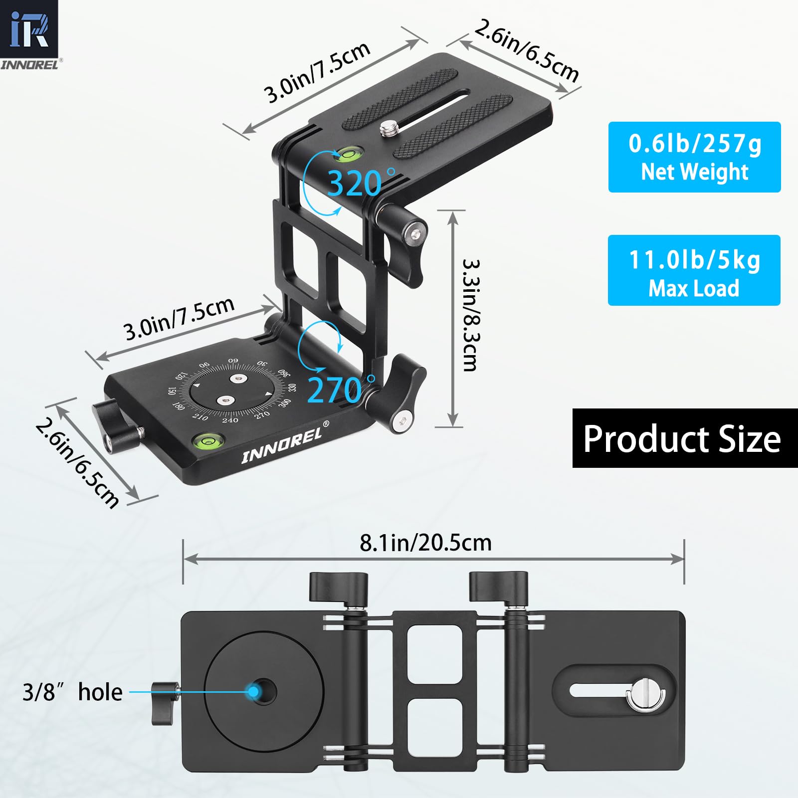 INNOREL ZH7 Z Flex Tilt Tripod Head - Aluminum Alloy Flexible Panoramic Ball Head with Adjustment Knob for DSLR Camera, Camcorder, Slider Rail - Supports 11lb/5kg Load - Perfect for Photography, Videography & Travel Shooting
