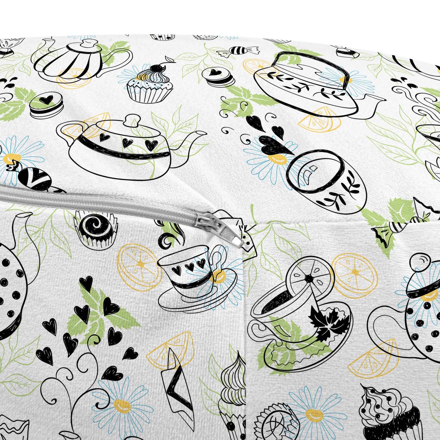 Ambesonne Tea Party Pouf Cover with Zipper - Hand Drawn Doodle Style Teapots, Cups, Hearts & Flowers Design - Soft Decorative Fabric Unstuffed Case - 30