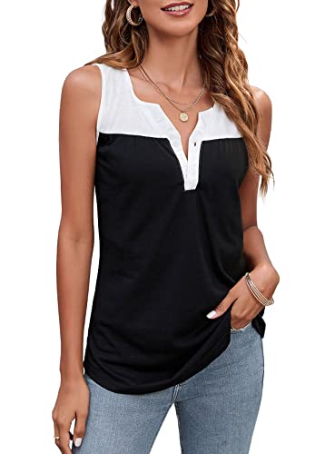 Women's Summer Button Tank Tops - V Neck Sleeveless Patchwork Blouse, Loose Casual Shirt for Beach, Vacation & Everyday Wear