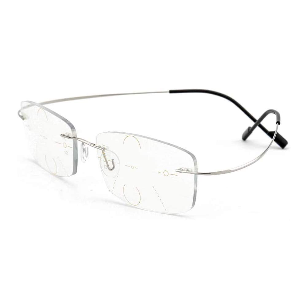 Progressive Multifocal Reading Glasses for Presbyopia - Frameless Memory Titanium Flexible Anti-Blue Light Computer Glasses for Men & Women (Silver, +3.00) - Perfect for Office Work, Screen Time & Daily Reading
