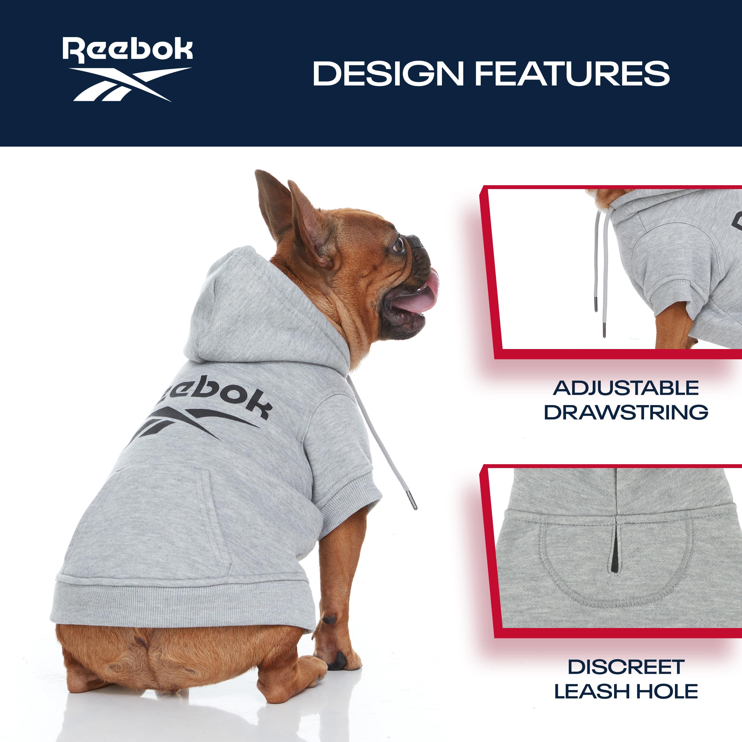 Reebok Fleece Dog Hoodie with Leash Hole - Warm Winter Dog Sweater for Small, Medium & Large Dogs | Premium Pullover Hooded Sweater for Fall & Winter | Cozy Christmas Outfit for Pets | Perfect for Outdoor Walks & Indoor Lounging