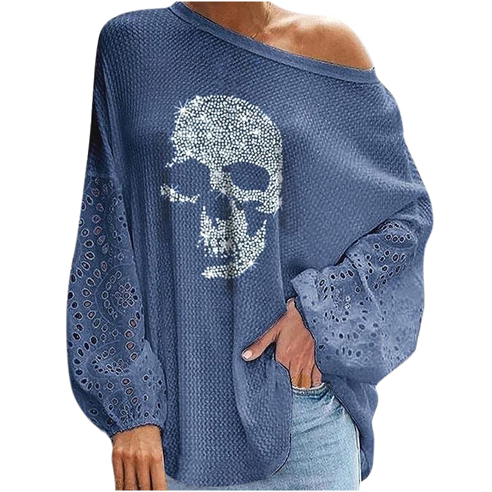 Women's Waffle Knit Skull Print Off Shoulder Tunic Blouse - Oversized Wide Neck Lace Crochet Lantern Sleeve Top for Casual Wear & Boho Fashion