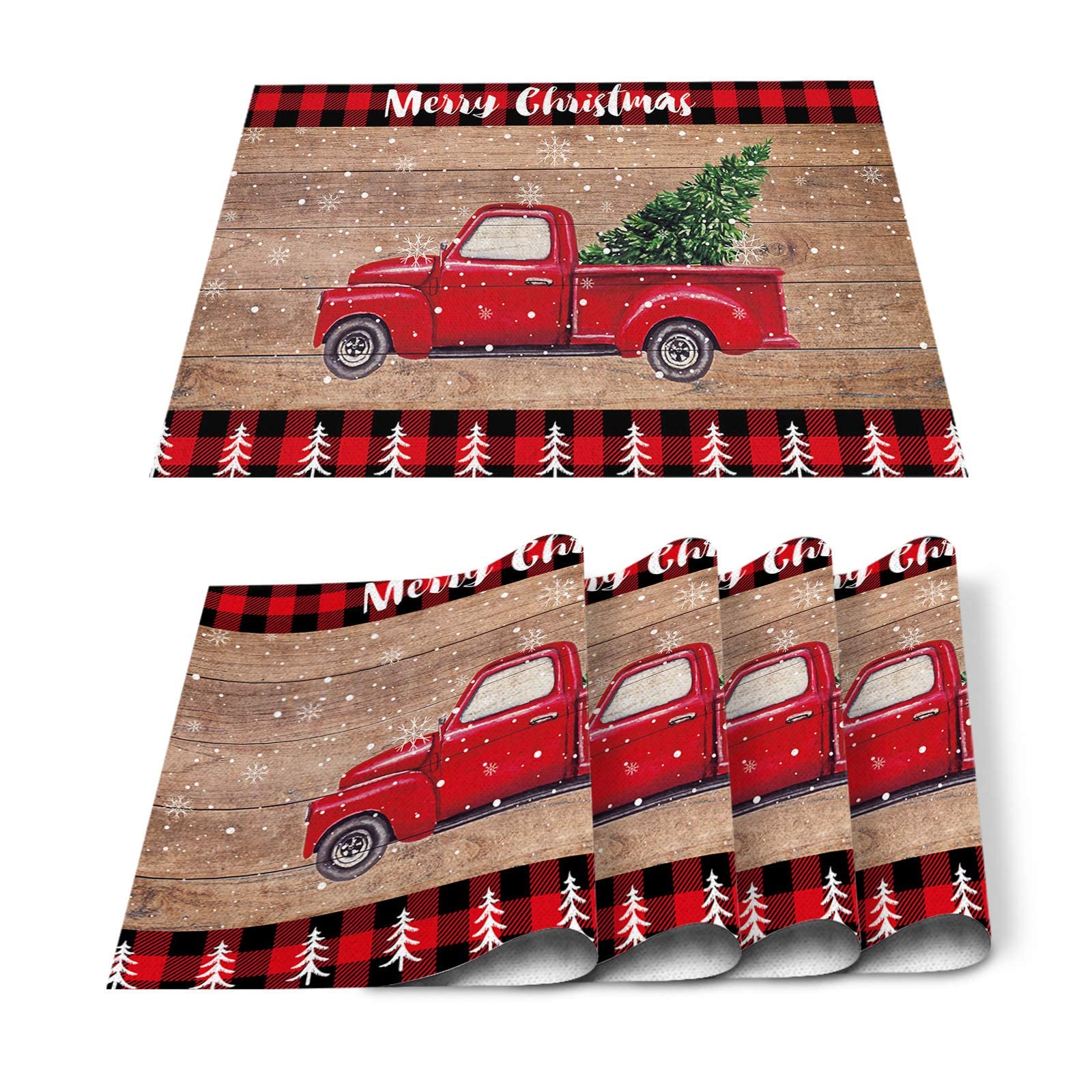 Xspring Christmas Placemats Set of 4 - Festive Car with Christmas Tree Design, Red Plaid Burlap Table Mats for Dining, Round & Patio Tables - Heat Resistant & Washable - Perfect for Holiday Decor, Indoor & Outdoor Use