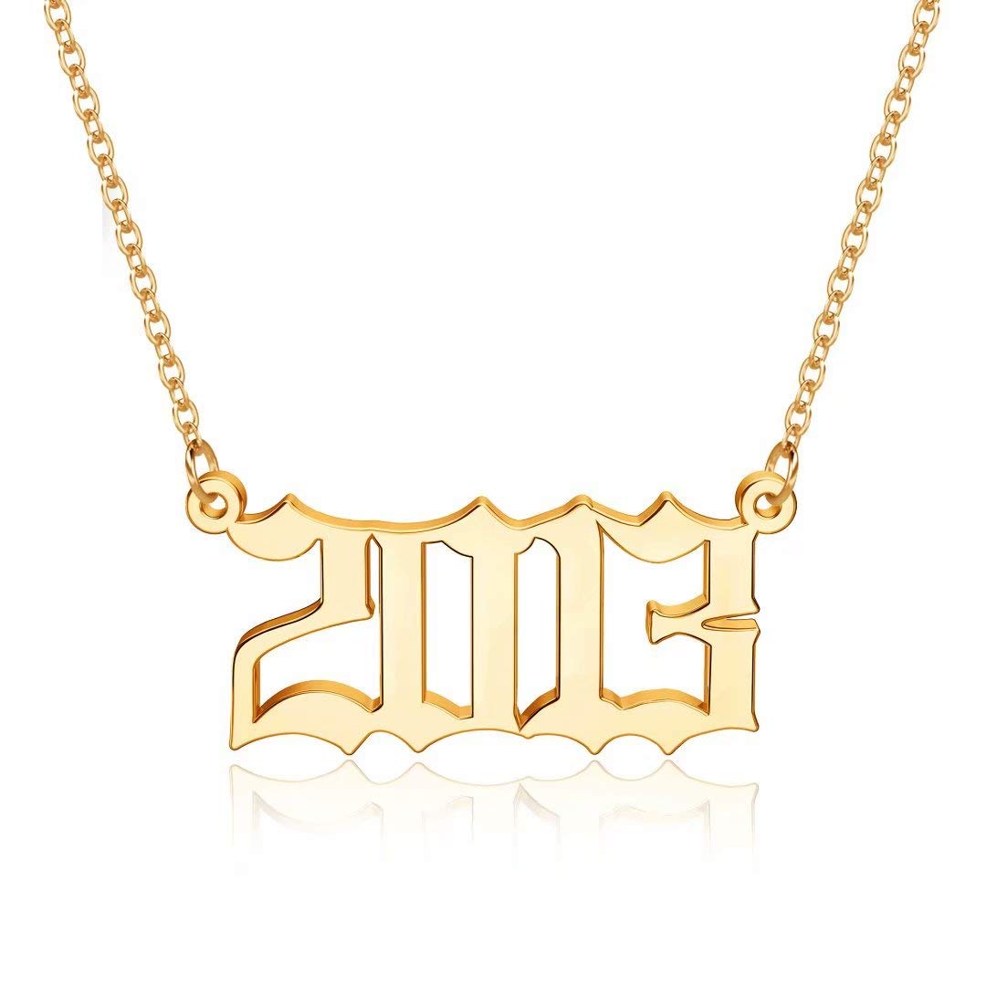 18K Gold Plated Old English Birth Year Necklace for Women - Personalized Jewelry Gift for Birthday, Anniversary (1970-2021) | Elegant Layering Necklace for Everyday Wear & Special Occasions