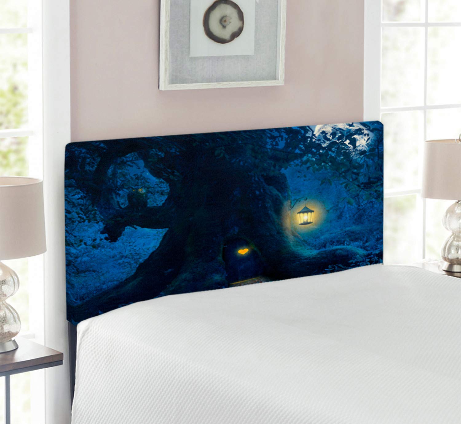 Ambesonne Fantasy Headboard - Night with a Little Home in Tree Trunk Woods Print, Upholstered Metal Bed Headboard with Memory Foam, Twin Size, Navy Blue - Perfect for Kids' Bedrooms, Guest Rooms & Cozy Cabin Decor