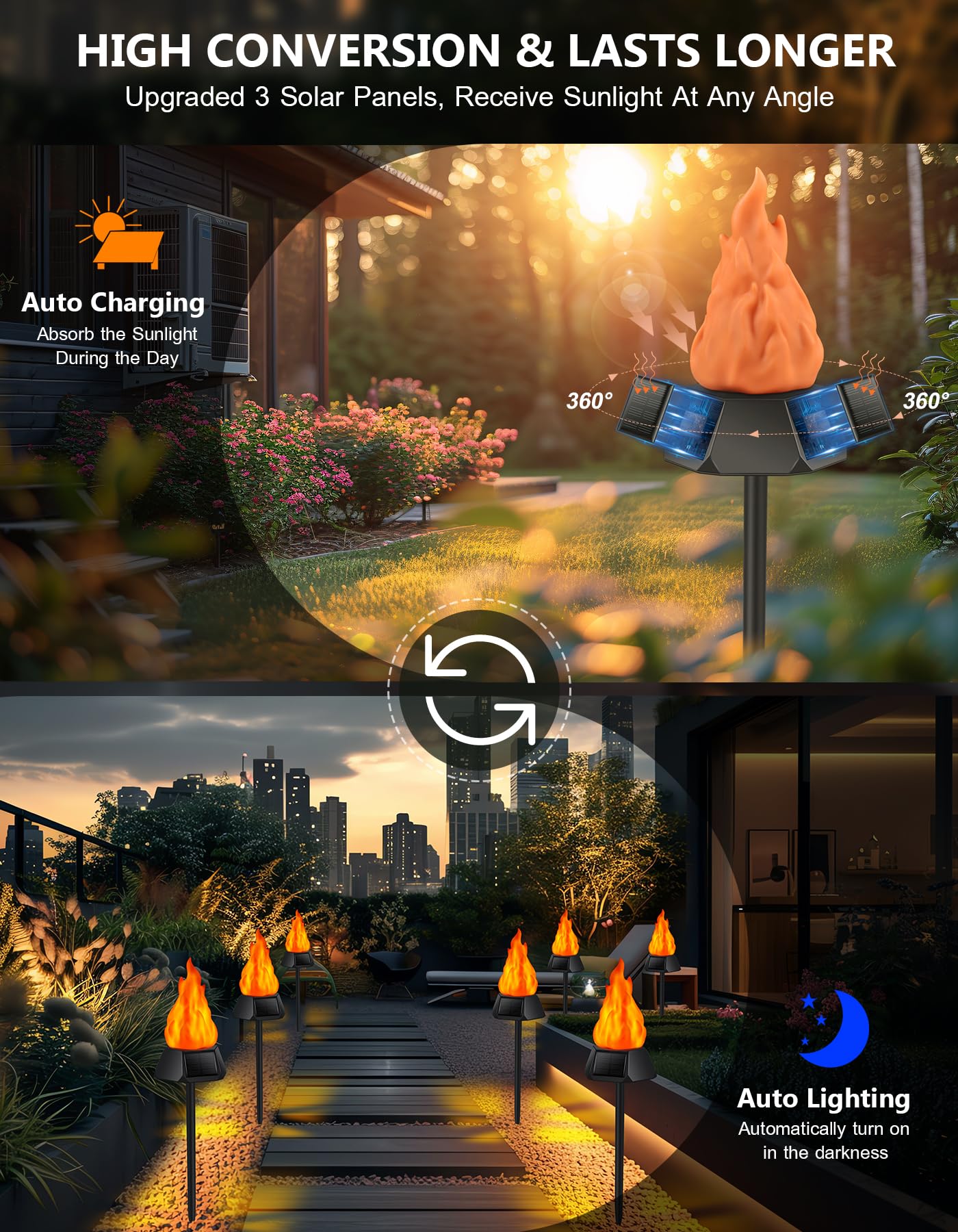 Upgraded Solar Christmas Lights Outdoor - 4 Pack IP65 Waterproof with 3 Solar Panels & Realistic Flickering Flame - Perfect for Garden, Patio, Yard, Pathway and Holiday Decorations