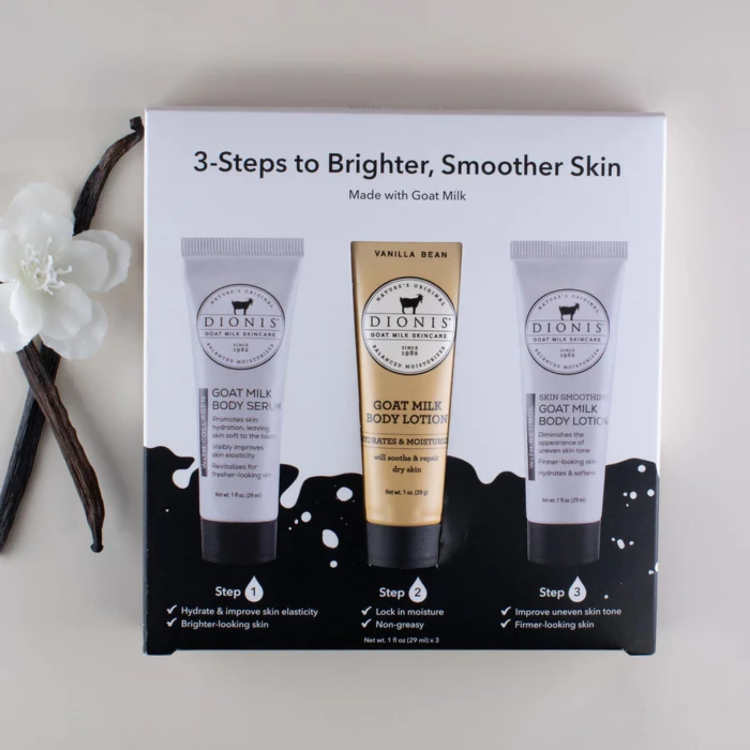 Dionis Goat Milk Skincare Set - Vanilla Bean Lotion, Retinol Body Lotion & Collagen Body Serum for Deep Hydration & Anti-Aging | Perfect for Dry Skin Care & Nighttime Moisturizing Routine