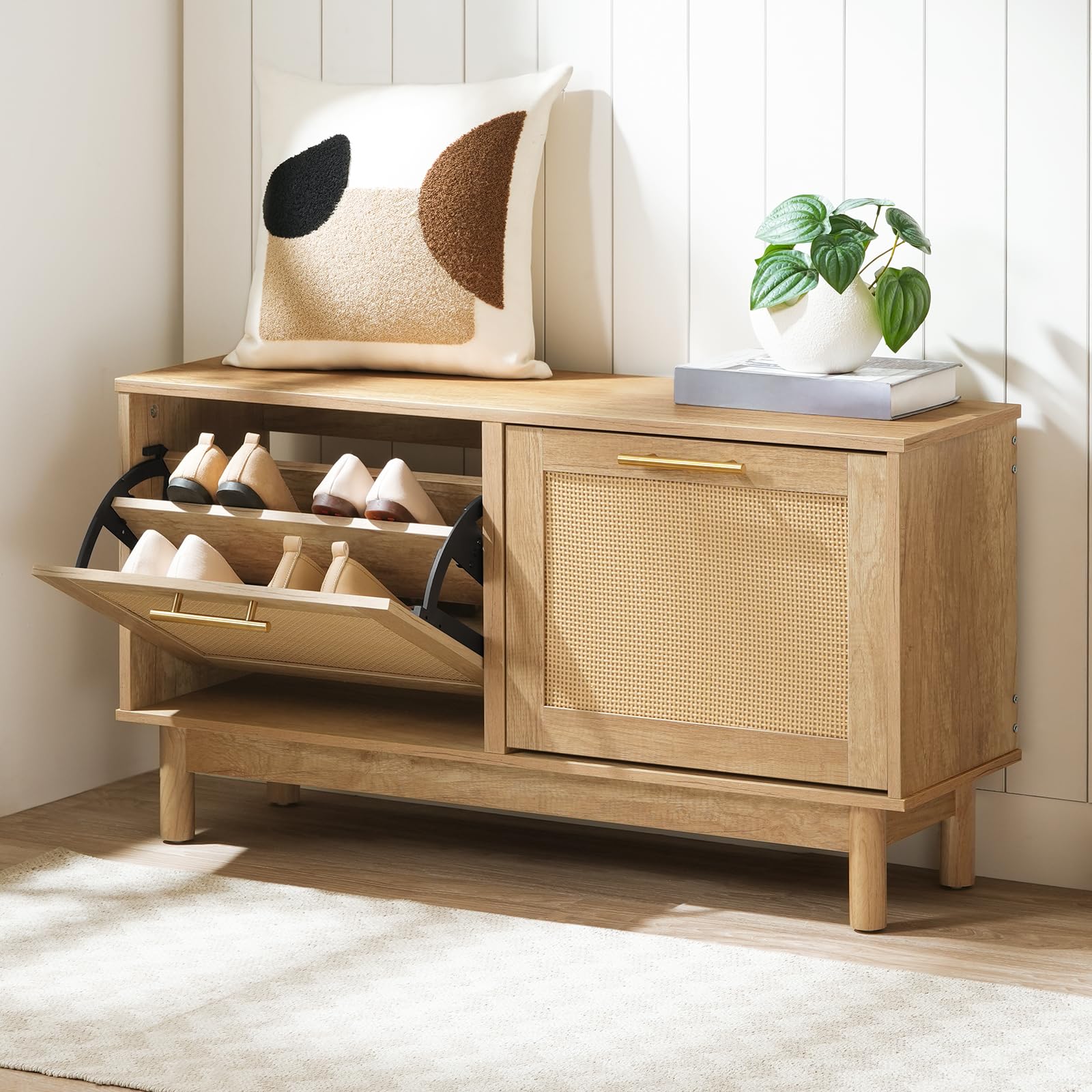 HOOBRO Shoe Storage Bench with Flip Drawers - Rattan-Like Entryway Shoe Rack & Cabinet - Narrow Wooden Shoe Organizer for Hallway, Living Room & Bedroom - Natural Finish NL51HX01