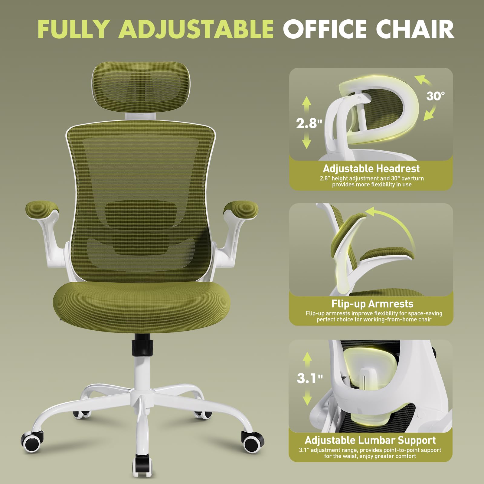 Ergonomic Office Chair with Adjustable Lumbar Support & Headrest - High Back Mesh Computer Desk Chair with Flip-Up Armrests - Breathable & Comfortable for Home Office, Gaming & Study - Green - Perfect for Long Work Hours & Remote Work