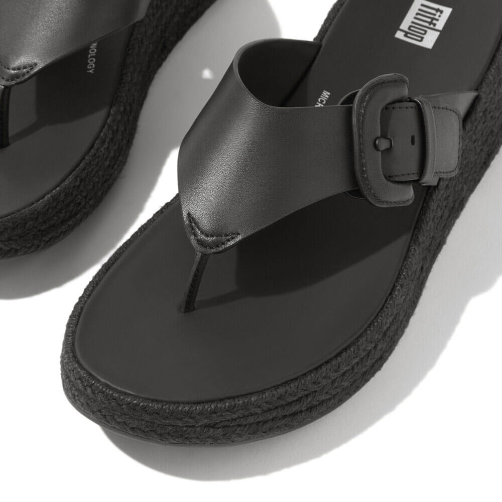 FitFlop F Mode Espadrille Adjustable Leather Flatform Toe Thong Sandals for Women - Black | Comfortable Summer Beach & Casual Walking Sandals