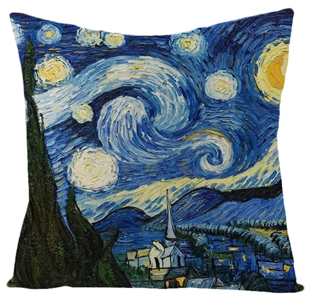 ENLACHIC Van Gogh Starry Night Oil Painting Throw Pillow Covers 18x18 Inch - Linen Zipper Sofa Bed Cushion Covers for Home Decor, Living Room & Bedroom Accent
