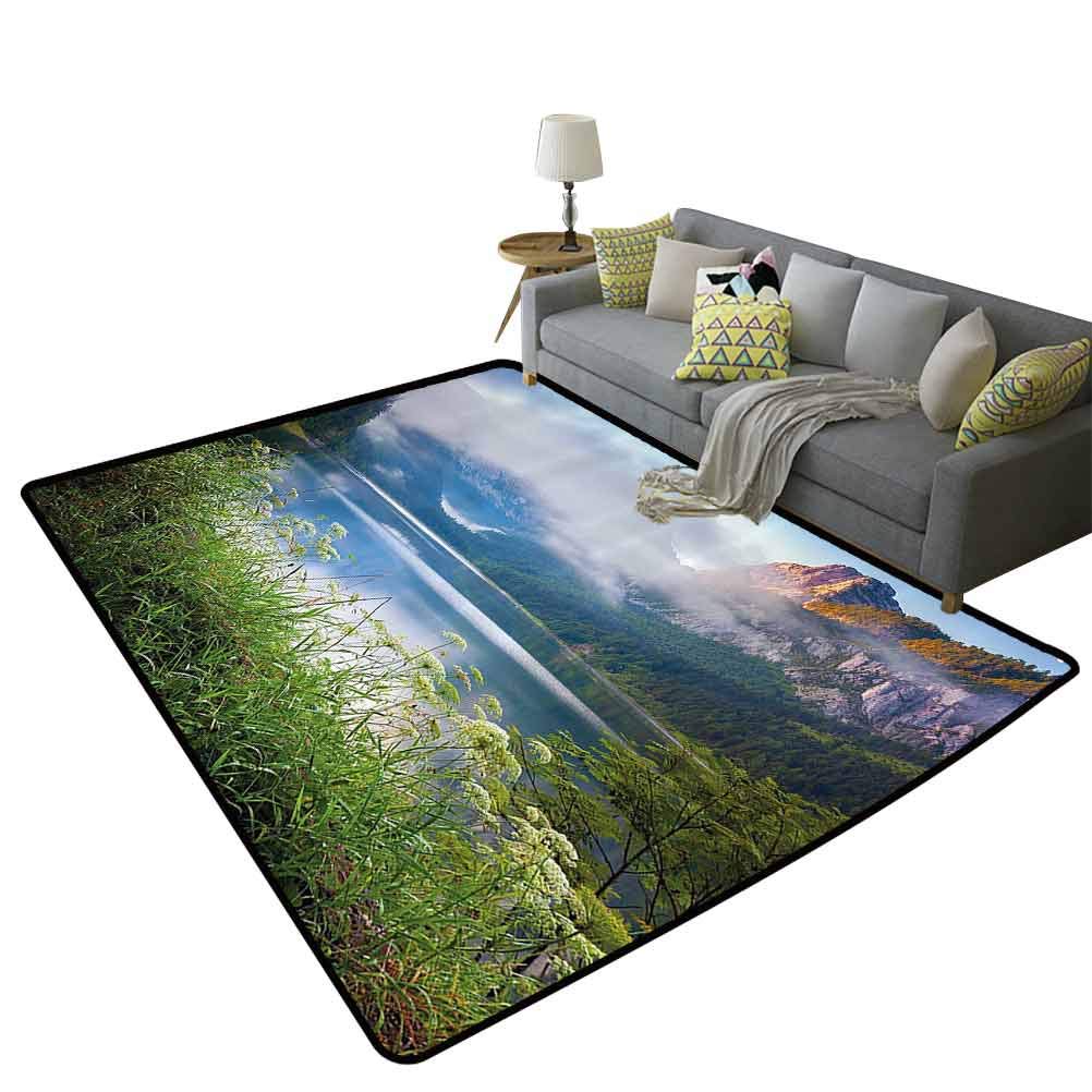 Nature Multifunctional Rug - Alps Mountain Foggy Lake Floral Meadow Adventure Pastoral Climbing Design - Blue Fern Green 6'x9' (180x270cm) - Perfect for Living Room, Bedroom Decor & Outdoor Picnics