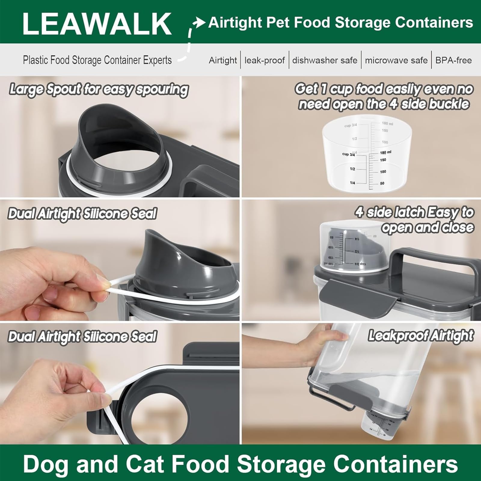 5Lbs Pet Food Storage Container with Upgraded Large Spout & Measuring Cup - Plastic Dispenser for Dog, Cat, Bird Food, Oatmeal, Rice, Flour - Airtight, Portable, Dark Gray - Perfect for Kitchen Pantry, Pet Feeding & Bulk Food Storage