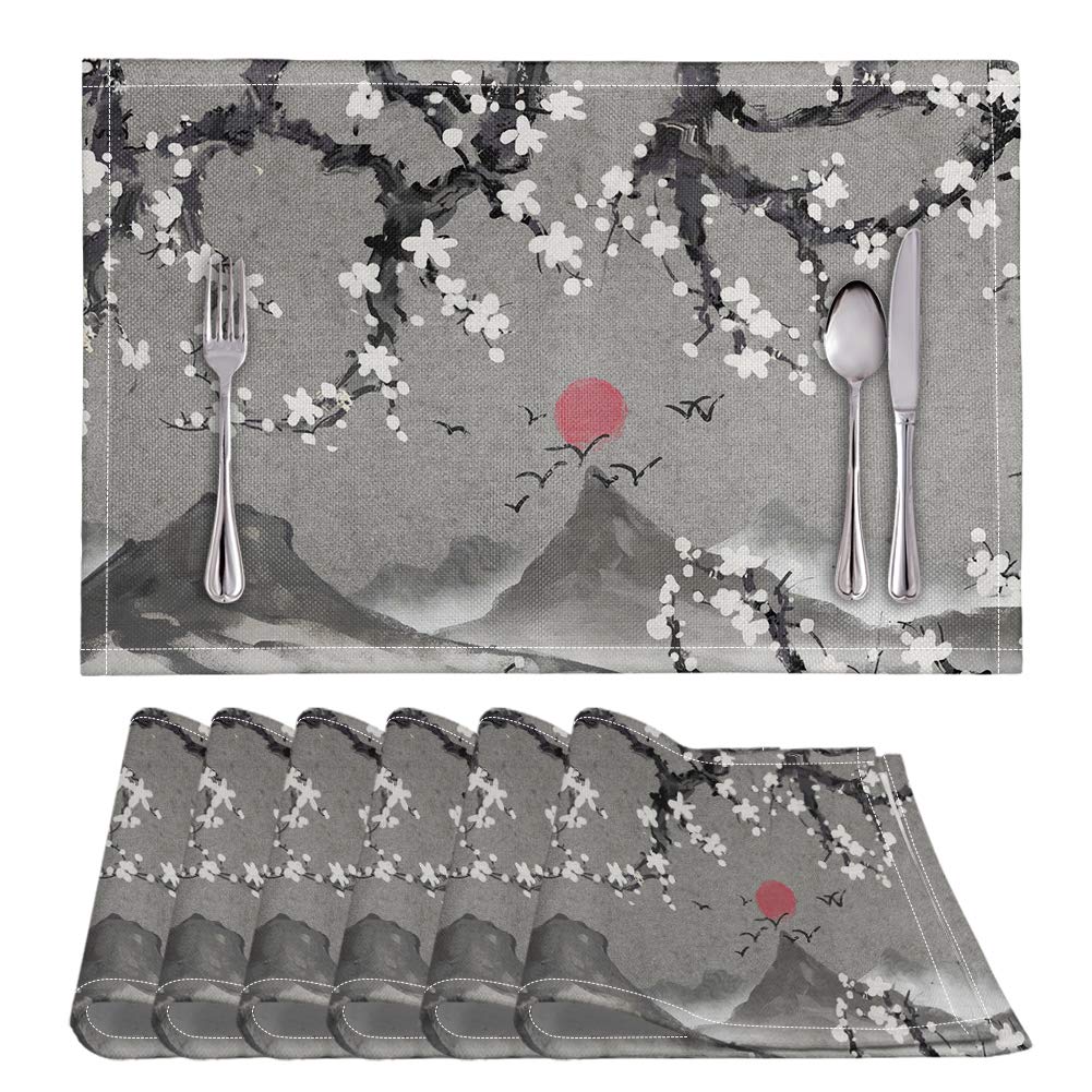 Premium White Plum Blossom Chinese Painting PVC Table Mats - Set of 6 Washable, Heat-Resistant & Non-Slip Dining Placemats for Kitchen, Restaurant, and Home Decor - Eco-Friendly Cross Weave Design