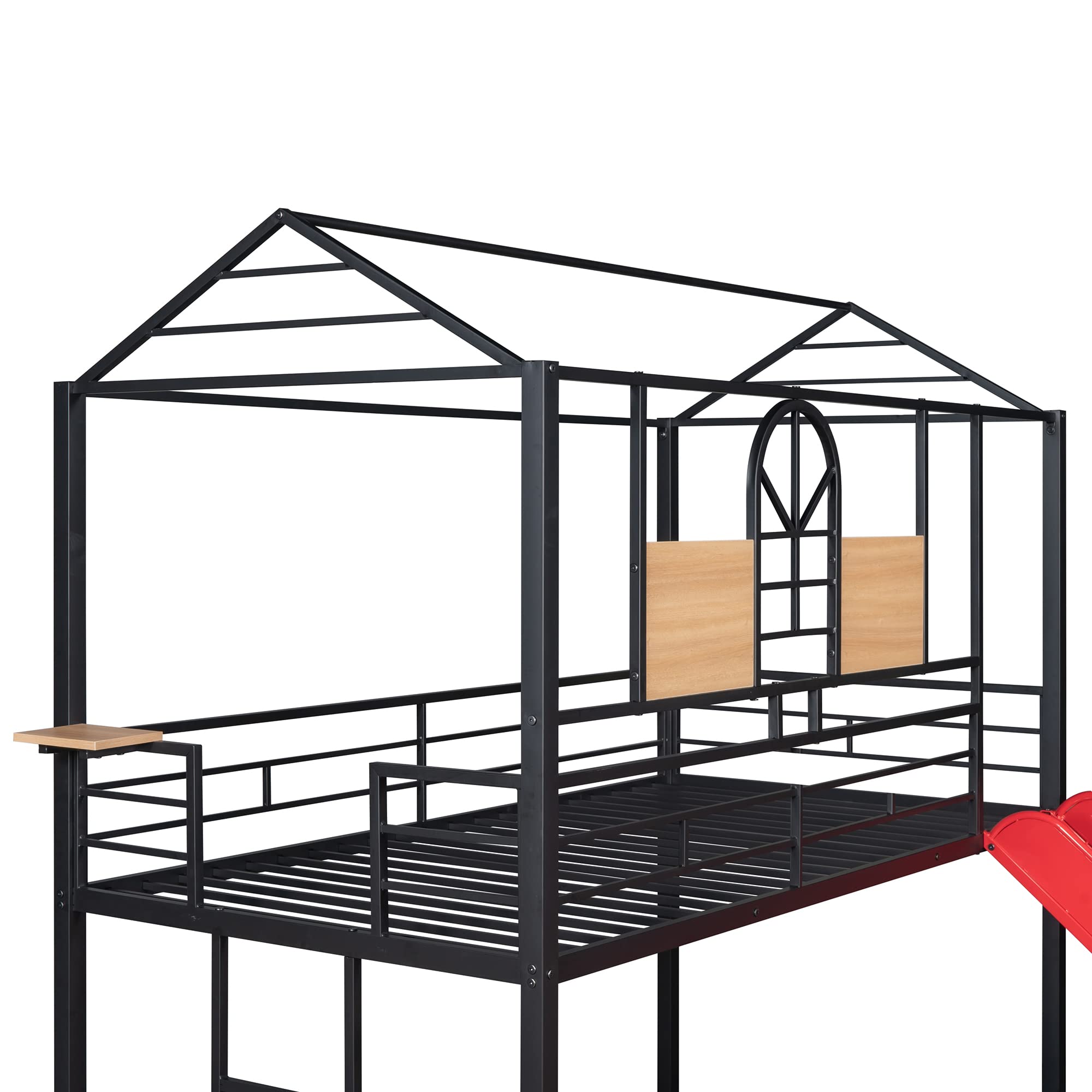 Metal Twin Over Twin Bunk Bed Frame for Kids & Toddlers - Low Profile Cabin Style with Ladder & Fun Slide - No Box Spring Needed (Black/Red) - Perfect for Small Bedrooms, Shared Kids' Rooms & Vacation Homes