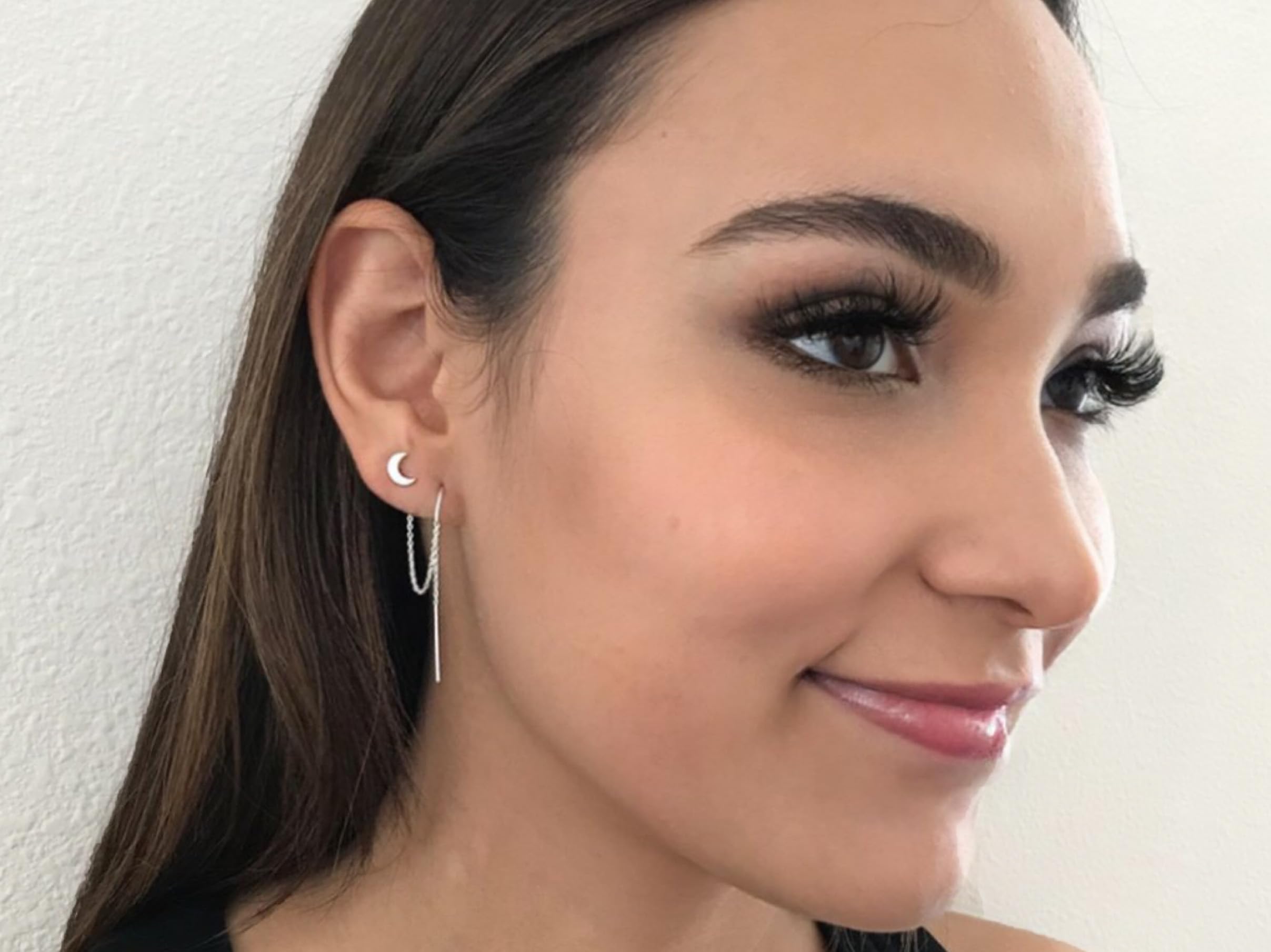 Double Piercing Earrings for Women - 14K Gold Filled Sterling Silver 2 Hole Threader Earrings Set with Star & Moon Charm | Trendy Chain Earrings for Double Piercings | Perfect for Layered Looks, Date Nights & Special Occasions