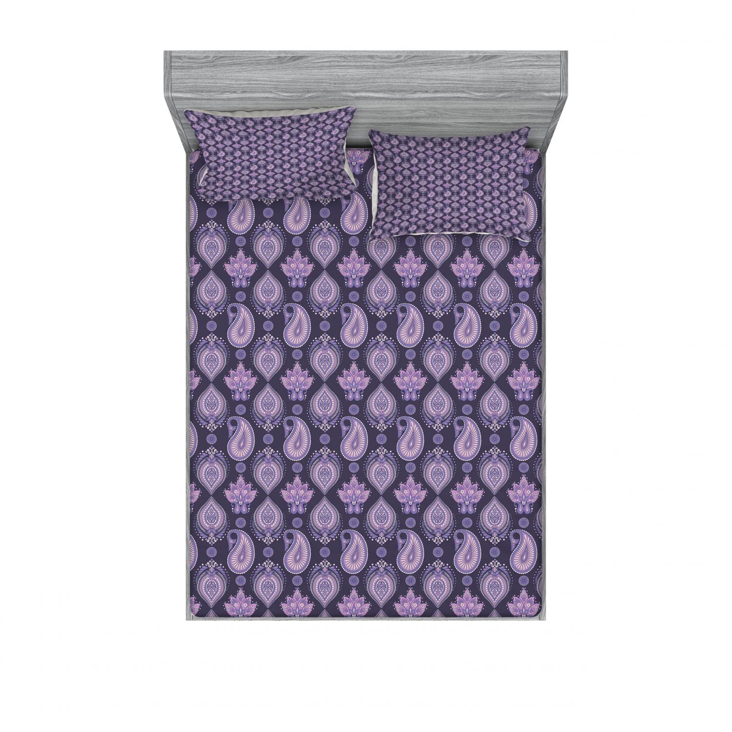 Ambesonne 2-Piece Paisley Vintage Floral Bedding Set - Full Size Fitted Sheet & Pillow Shams (4-Pc Set) in Eggplant Lavender | Boho Chic Home Decor for Guest Rooms, Dorms & Master Bedrooms