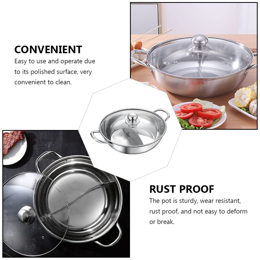 Stainless Steel Dual Flavor Hot Pot with Glass Lid - 2-in-1 Mandarin Duck Hot Pot for Soup, Shabu Shabu & Fondue - Kitchen Cookware with Handles for Home Dining & Party Serving