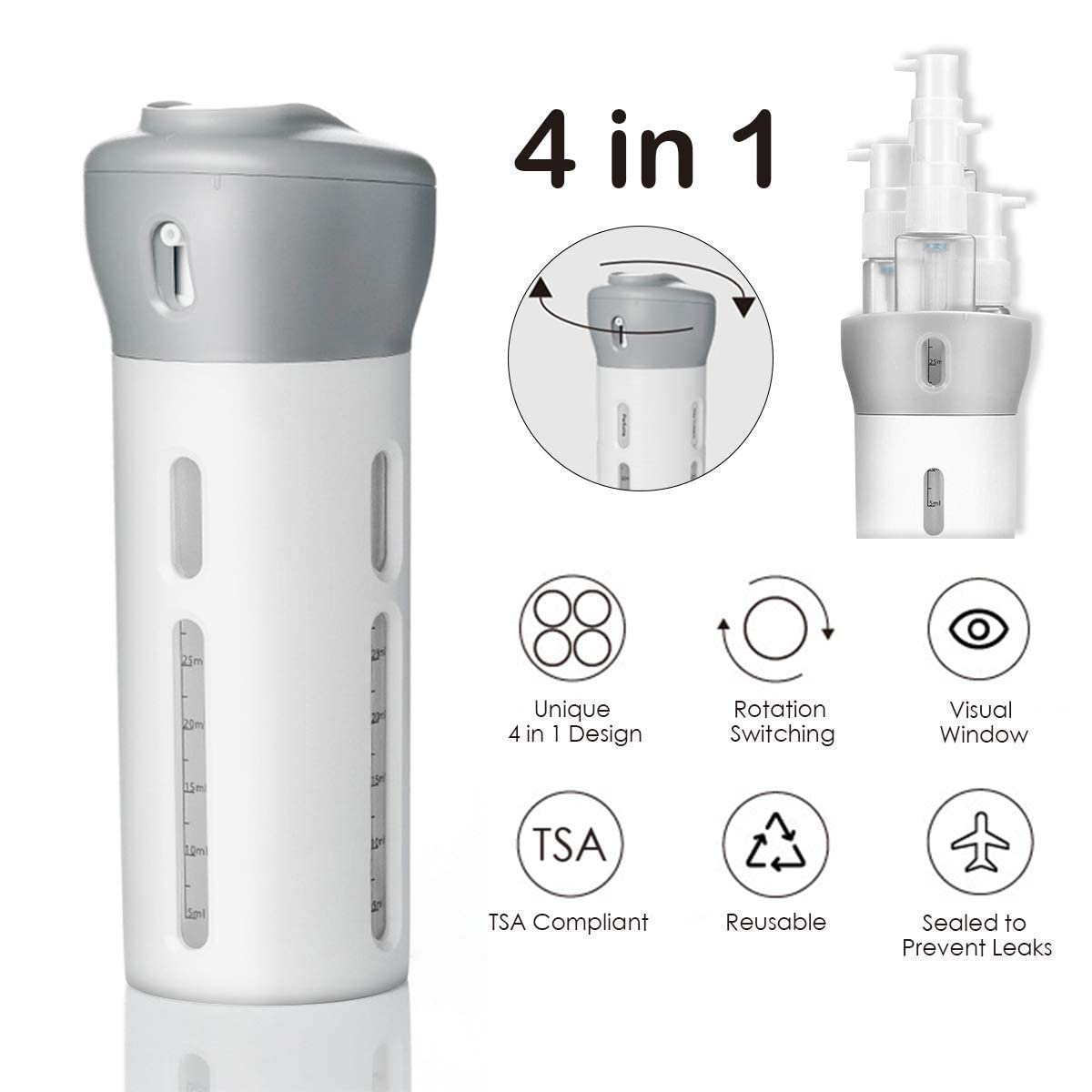 Bhavyam 4-in-1 Leak-Proof Travel Toiletry Bottles Set - Refillable Shampoo, Cream & Lotion Containers for Airplane Carry-On, Gym & Vacation (1pc) - TSA Approved Plastic Travel Accessories