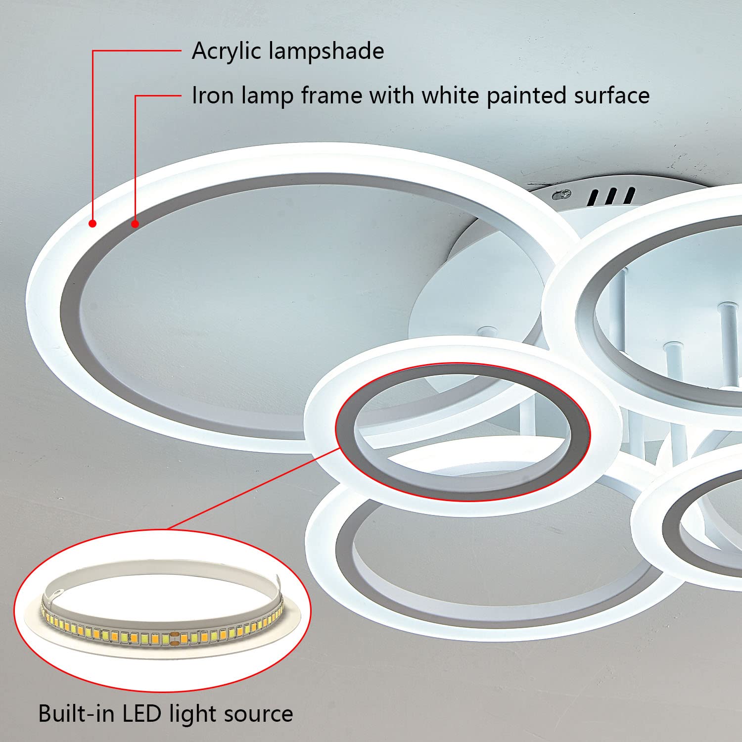 Modern 6-Ring LED Ceiling Light Fixture with Remote Control - Dimmable Flush Mount Lighting for Living Room, Bedroom, Kitchen & Dining Room - Energy Saving Home Decor & Ambient Lighting Solution