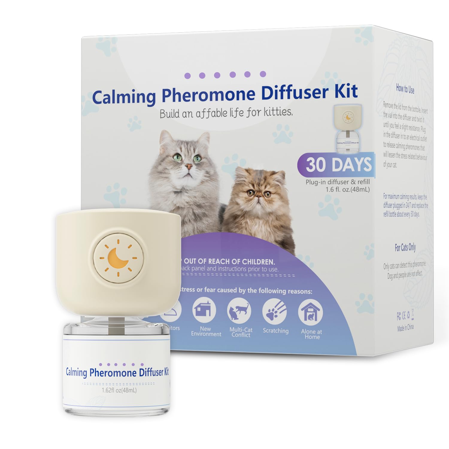 Cat Pheromone Calming Diffuser for Cats - 2 in 1 Starter Kit with Diffuser Head & 48mL Refill - Reduce Anxiety & Stress in Cats - Perfect for Multi-Cat Homes, Vet Visits & Traveling