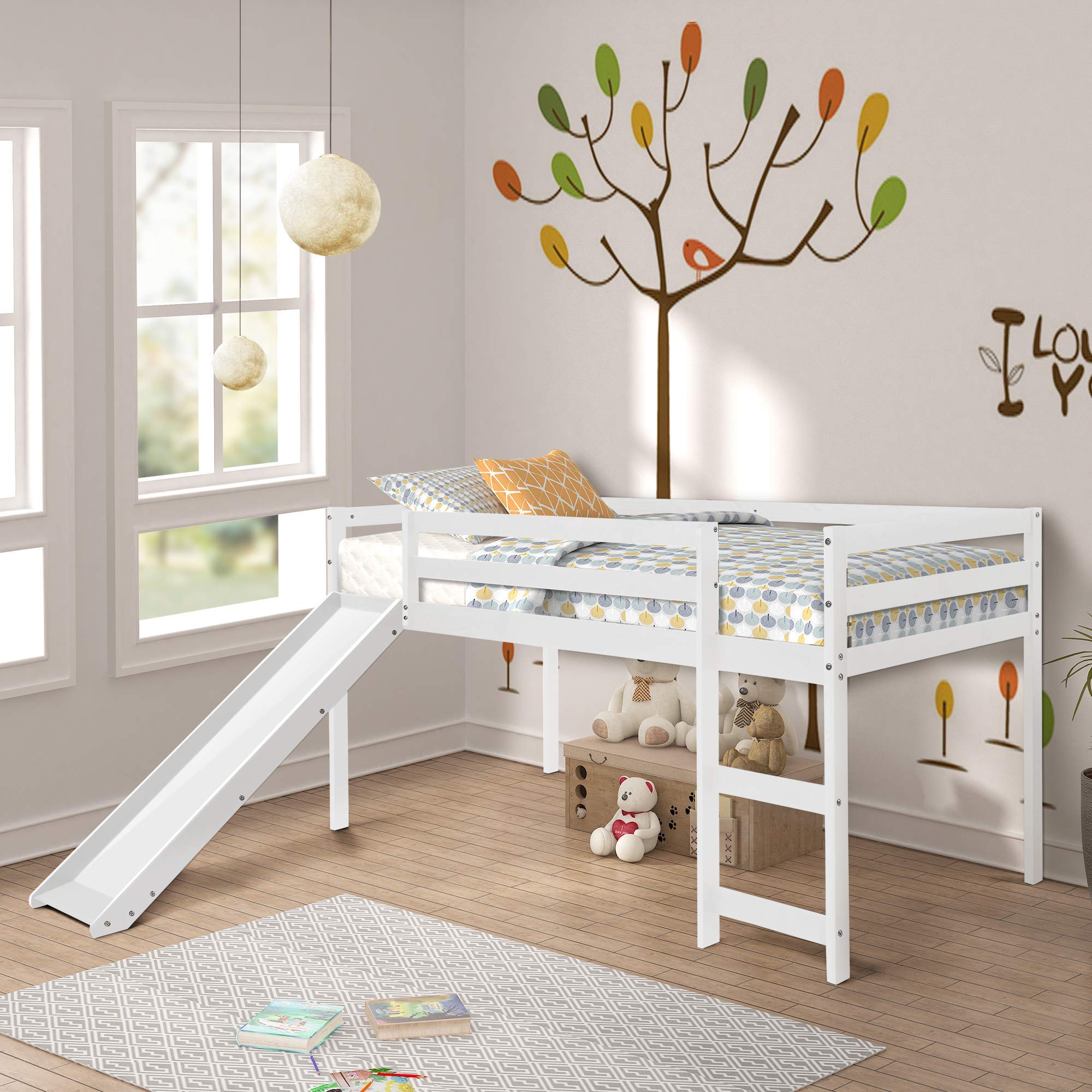 SOFTSEA Twin Low Loft Bed with Slide for Kids - Wooden Children's Bed with Safety Guard Rail & Ladder - Easy Assembly White - Perfect for Small Bedrooms, Playrooms & Sleepovers