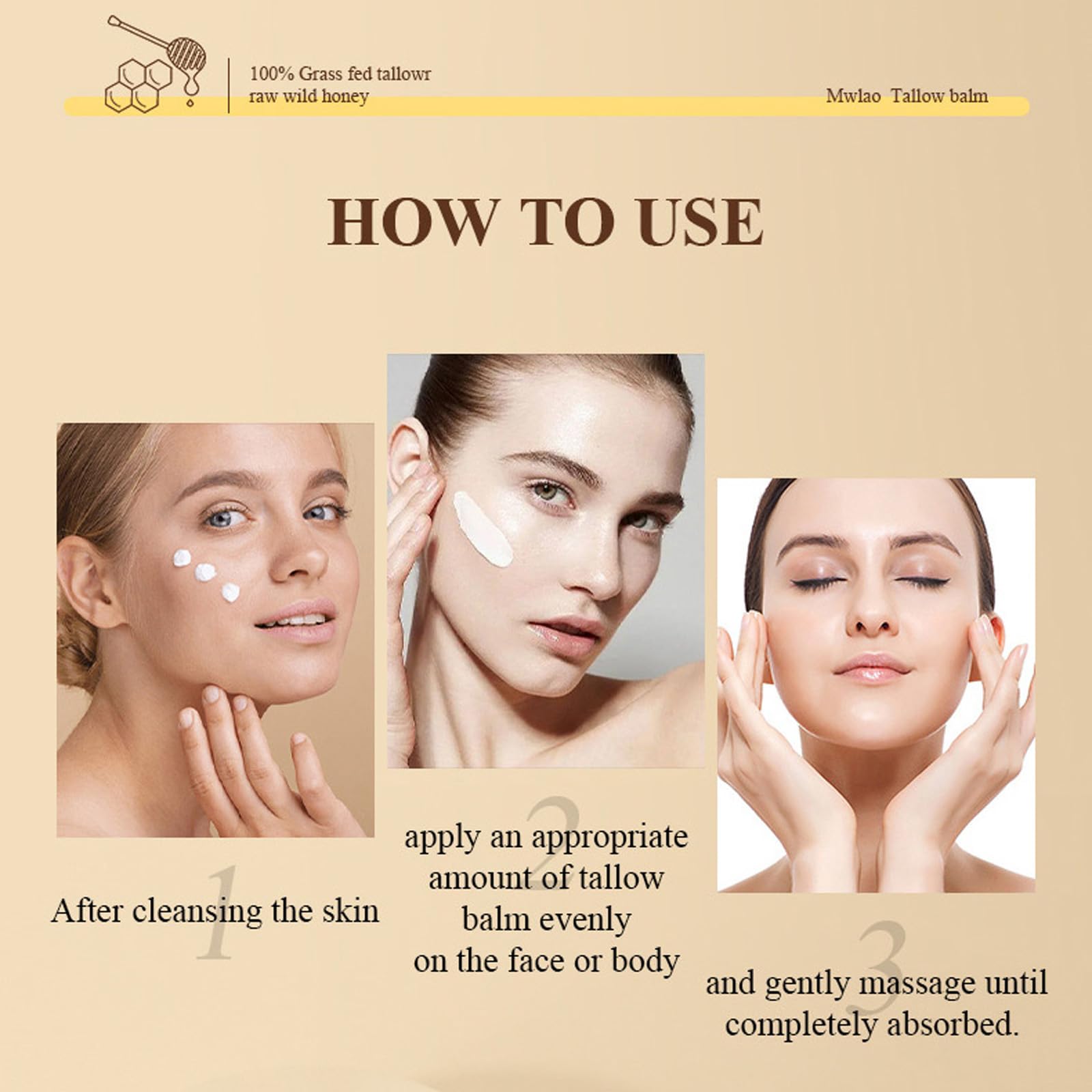 Organic Tallow Honey Balm - Face & Body Cream with Wild Honey & Olive Oil for Dry Skin Care