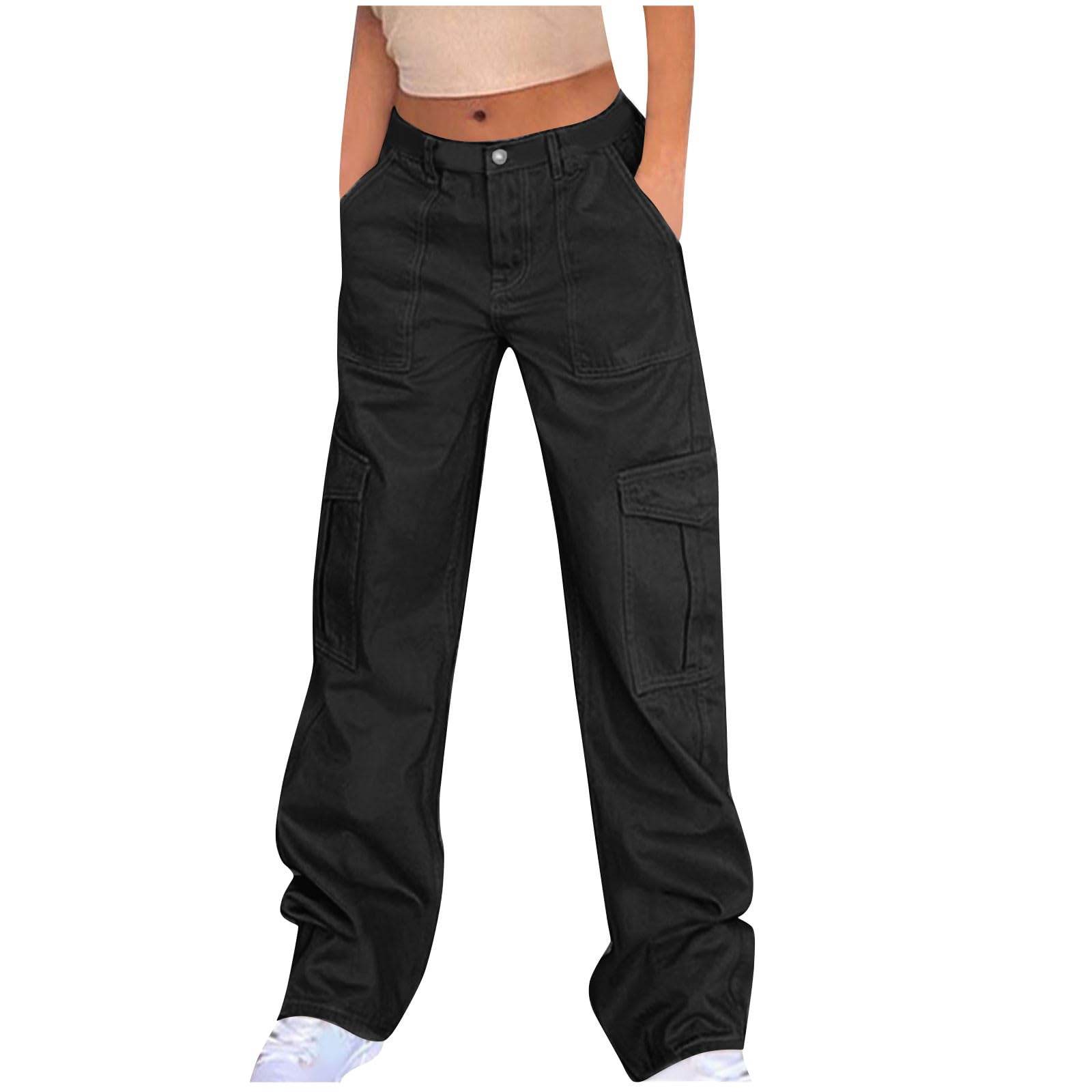 Women's High Waisted Cargo Pants - Stretchy Baggy Wide Leg Y2K Streetwear with Multiple Pockets | Fashionable Cargo Jeans for Casual Wear, Street Style & Outdoor Activities