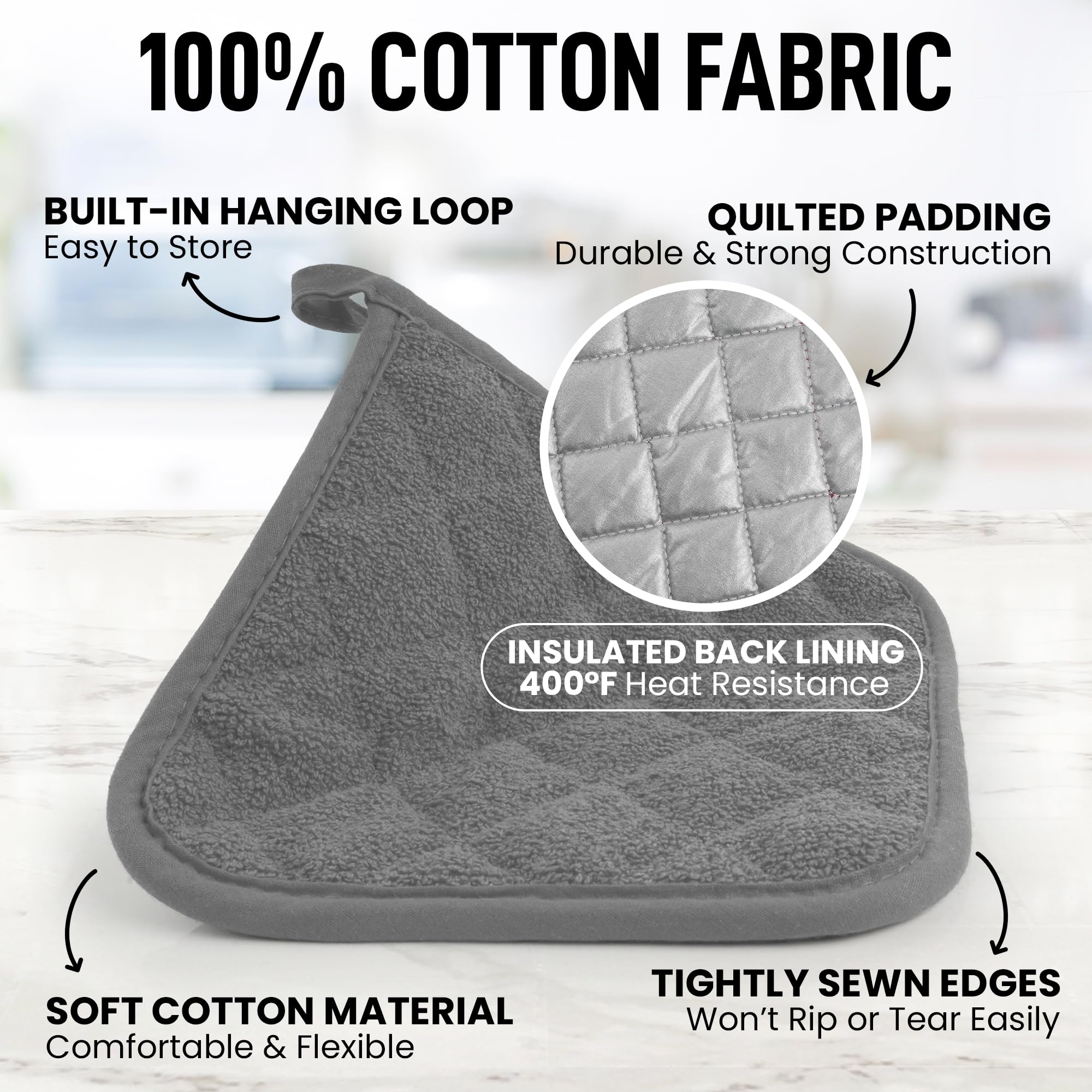 Zulay Heat Resistant Cotton Pot Holders - 7x7 Inch Quilted Terry Cloth Kitchen Potholder Set (Gray) - Washable & Durable for Cooking, Baking, Grilling - Perfect for Stovetop, Oven & BBQ Use